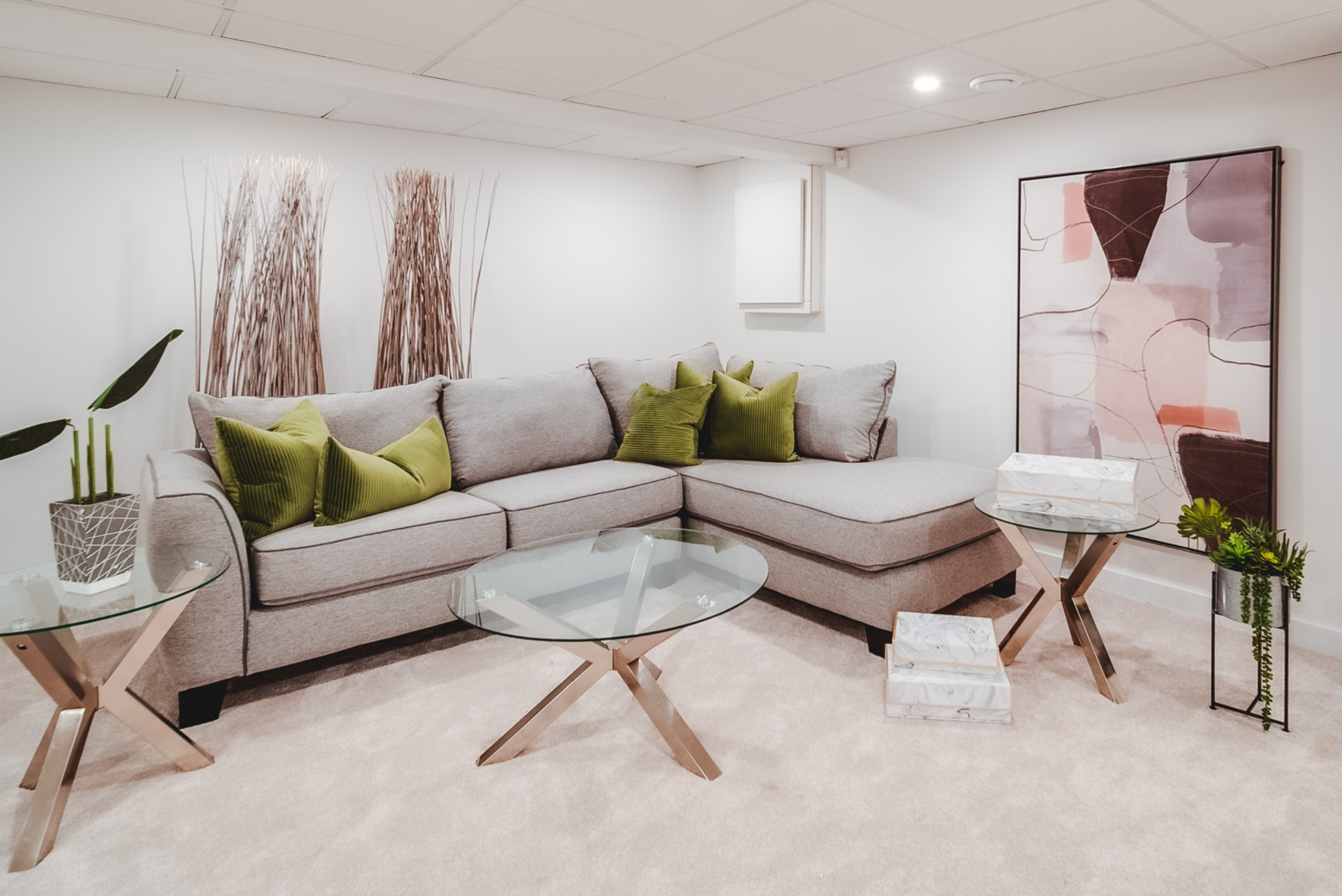 photo of a carpeted basement seating area with glass coffee tables and a brown sofa with green throw pillows, pink artwork, and houseplants