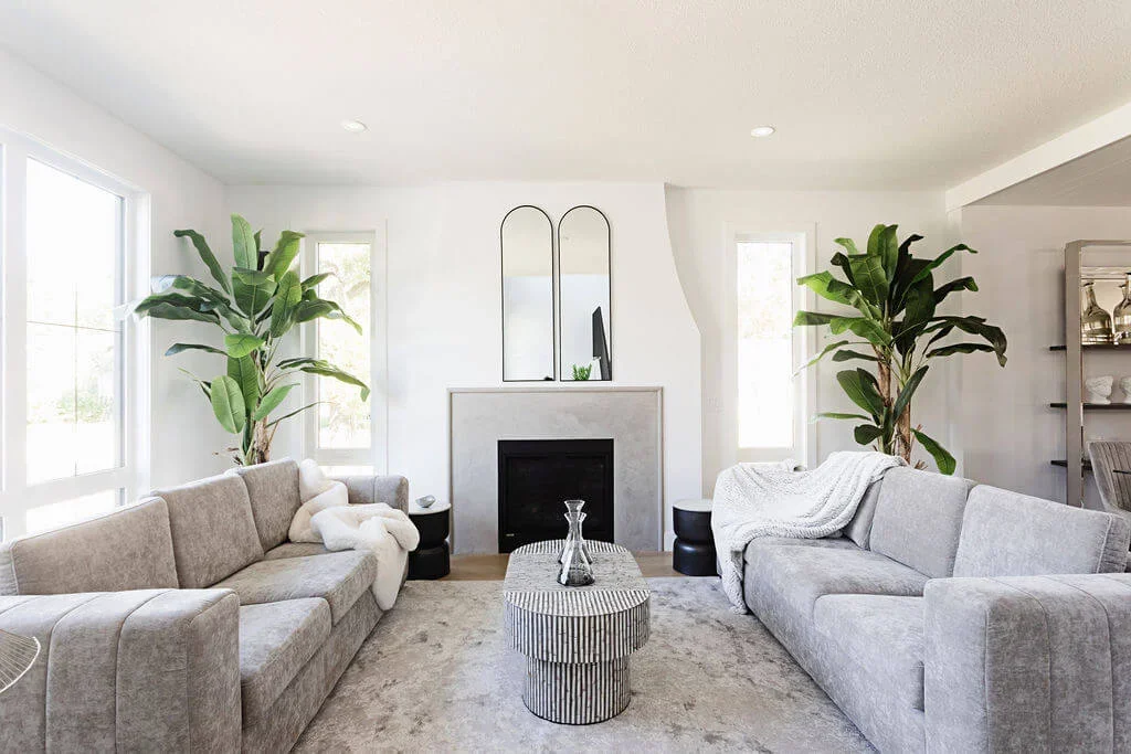 photo-of-a-white-minimalist-living-room-with-grey-sofas-a-zebra-coffee-table-and-houseplants-surrounded-a-grey-granite-fireplace-with-mirrors-above