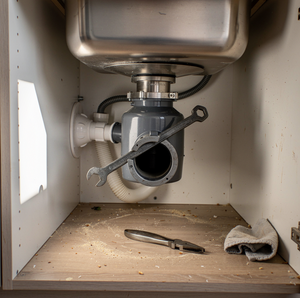 Under-sink garbage disposal unit with tools and a cloth inside the cabinet