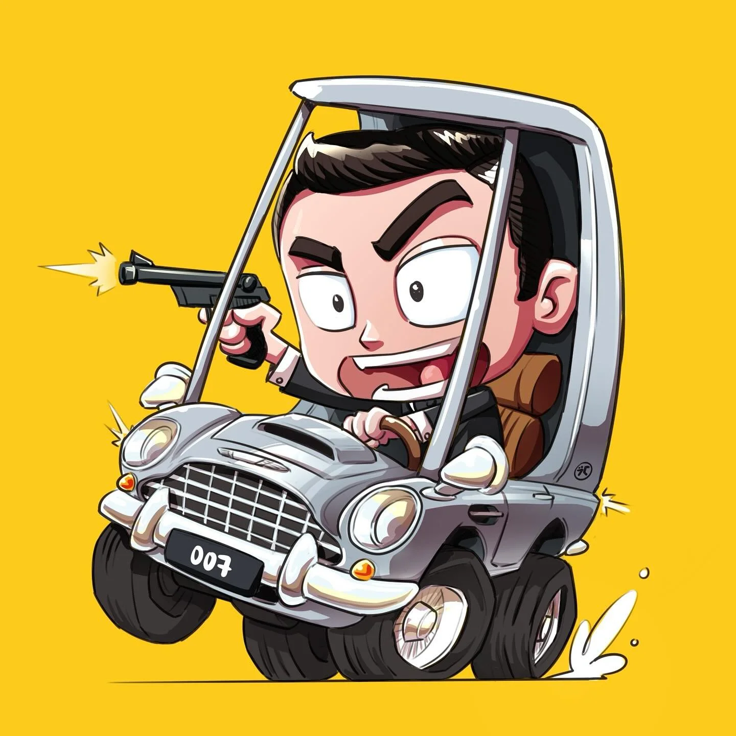 Little 007, fun smashing together a Cosy Coupe and Bonds Aston Martin&hellip; I have an itch to do a bunch of these Turbo Tots!! #007 #007jamesbond #cosycoupe #astonmartin #illustration #ipad #procreate #bond #q