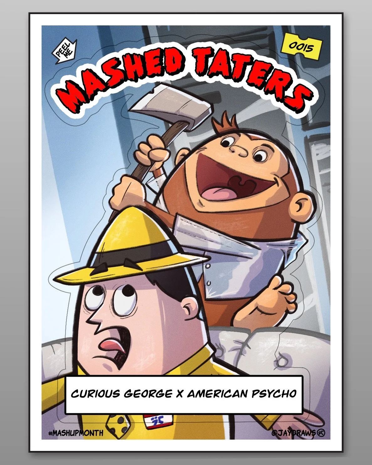 It&rsquo;s Curious George meets American Psycho&hellip; but as a chaotic little collector card. Cute, creepy, and kinda unhinged.

Had way too much fun designing this one.
Follow for more weird mashups all month 👀🔥 @besomeonedesign 

#MashupMonth #