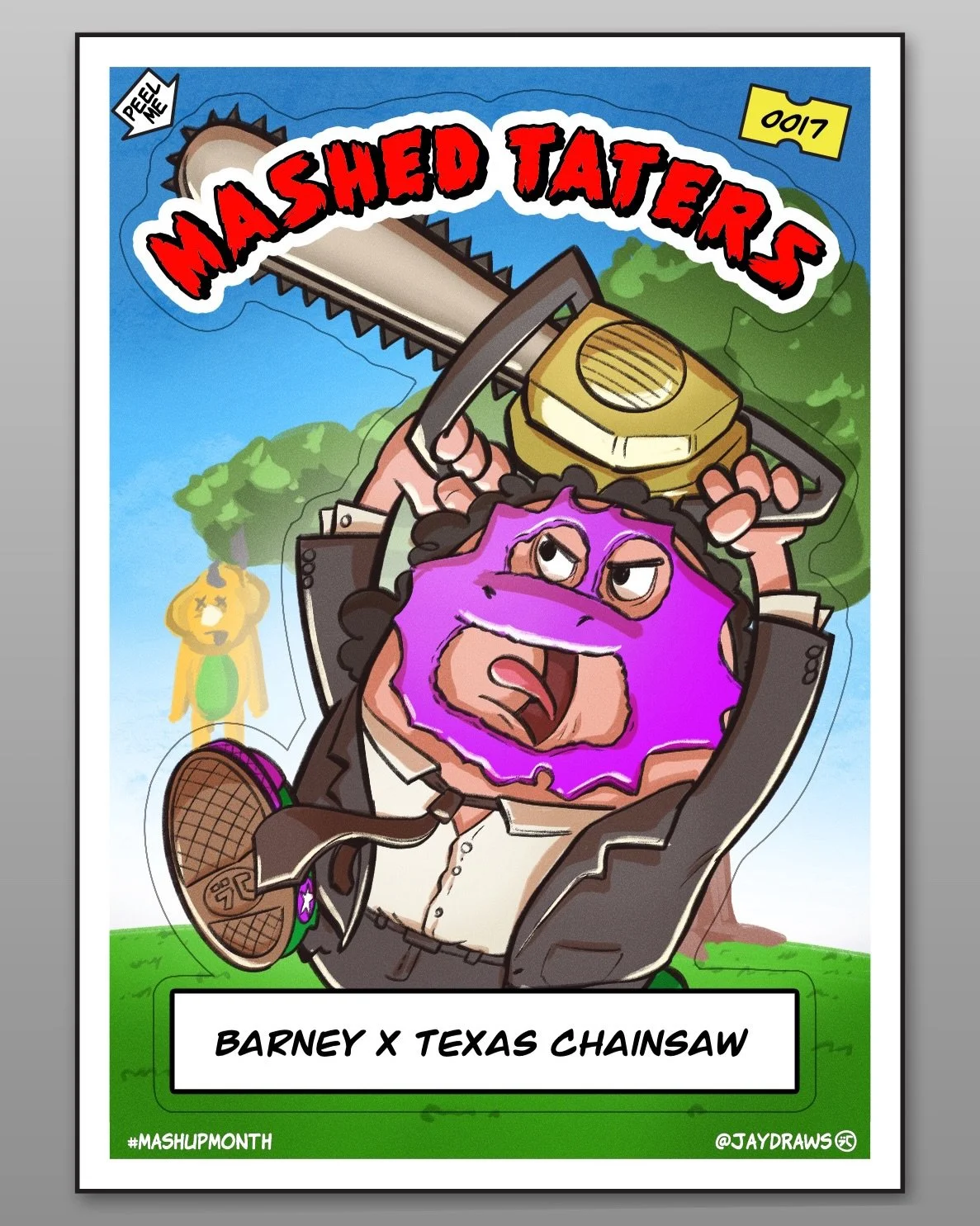 Barney x the Texas Chainsaw Massacre is the next up in the #mashupmonth thanks again @besomeonedesign for this awesome event, so much fun #gpk #barneypill #slay