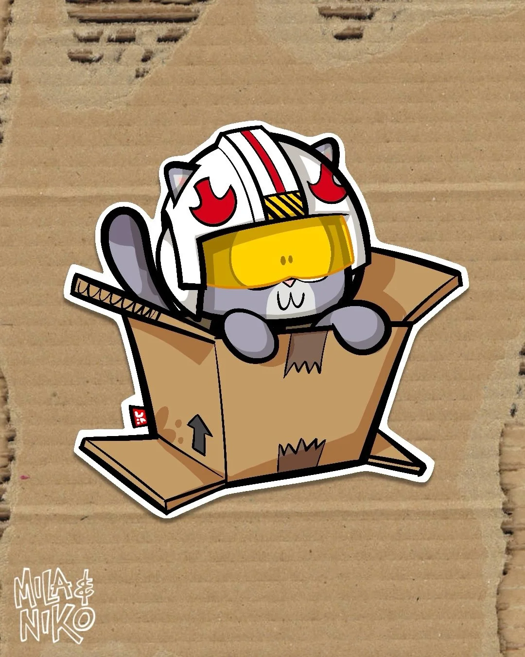 Making stickers!!! Niko ready to takedown the Death Star in his X box, complete with proton torpedoes and some stains from the oranges that were in there before 🤔 #mila&amp;niko #starwars #xwingcat #kittenart #stickers @mila.niko.meow