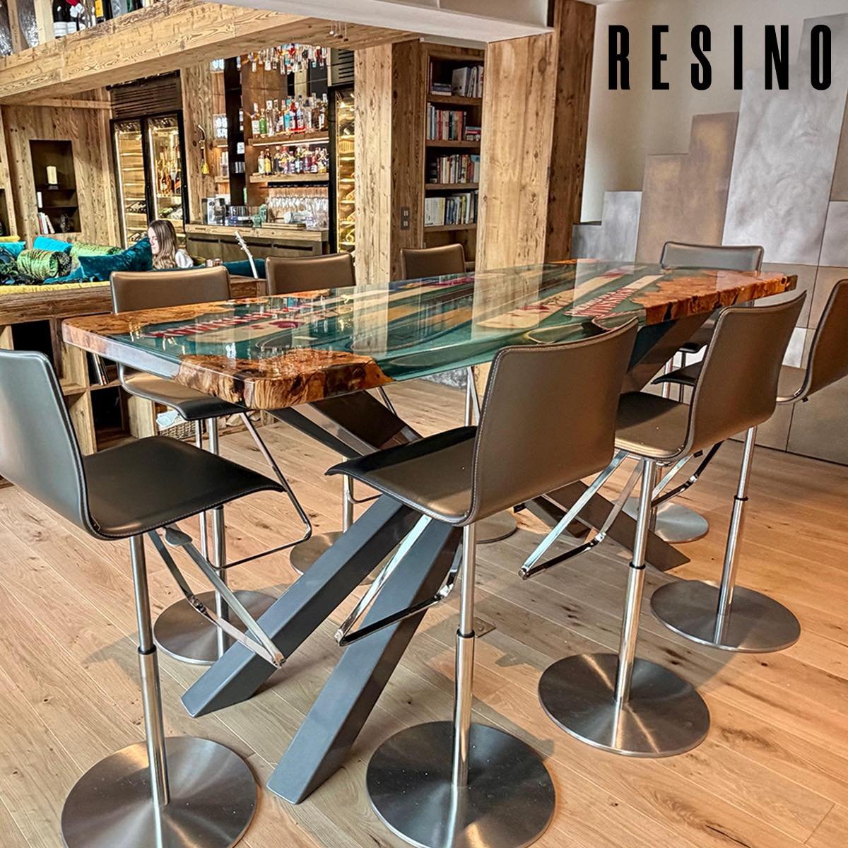Just received  these customer photos back from the ski table we made earlier in the year!
6 Skis encased in resin with some olive wood details and a shimmering coloured base design. 
Bespoke chunky steel legs and it&rsquo;s a clear coated finish to t