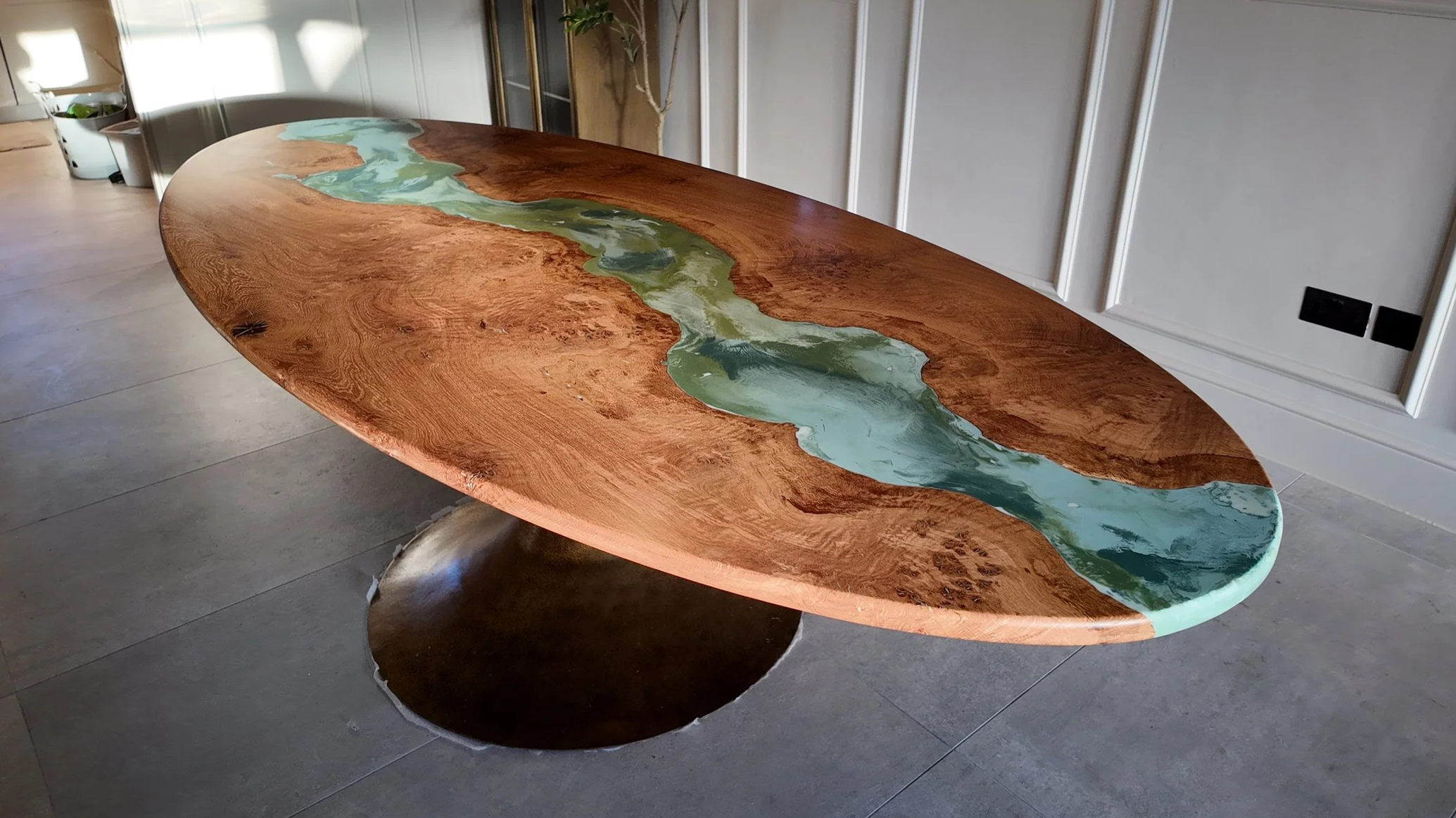 Oval Dining Table with Opaque River and Pedestal Base