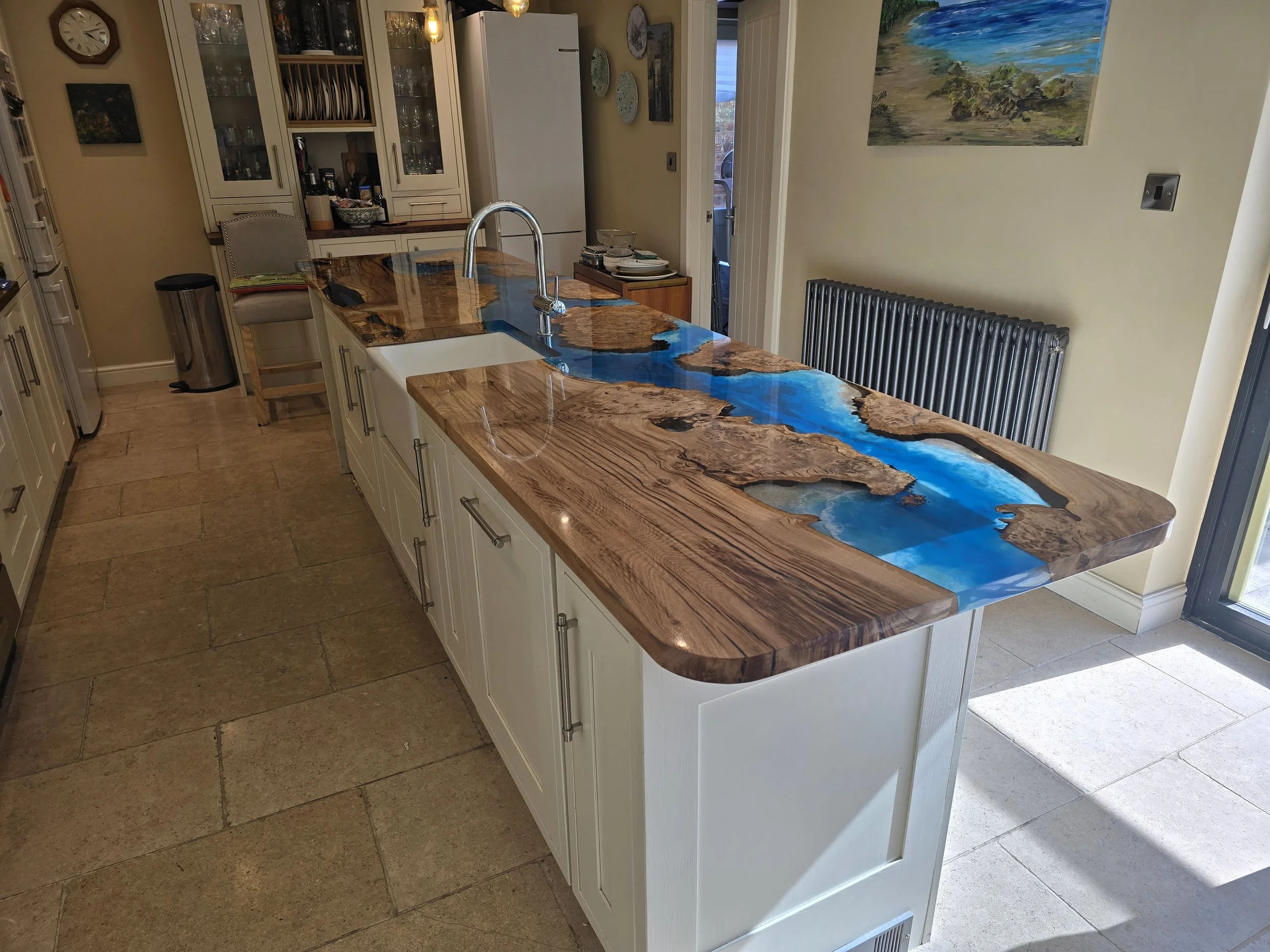 Ocean Themed Kitchen Island with Belfast Sink