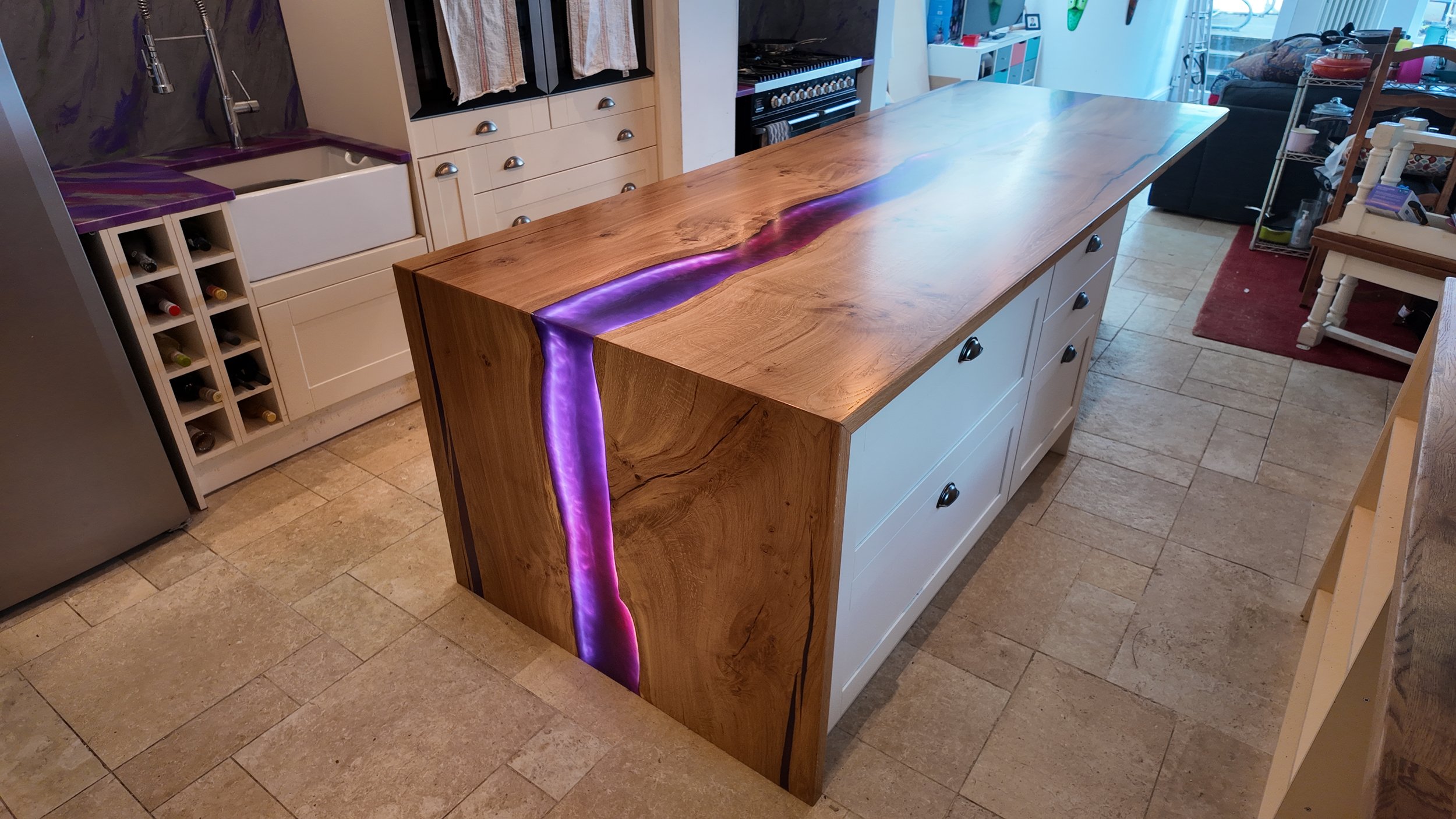 Large Purple River Style Kitchen Island with Resin Worktops and Splashbacks and a Matching Barn Sliding Door