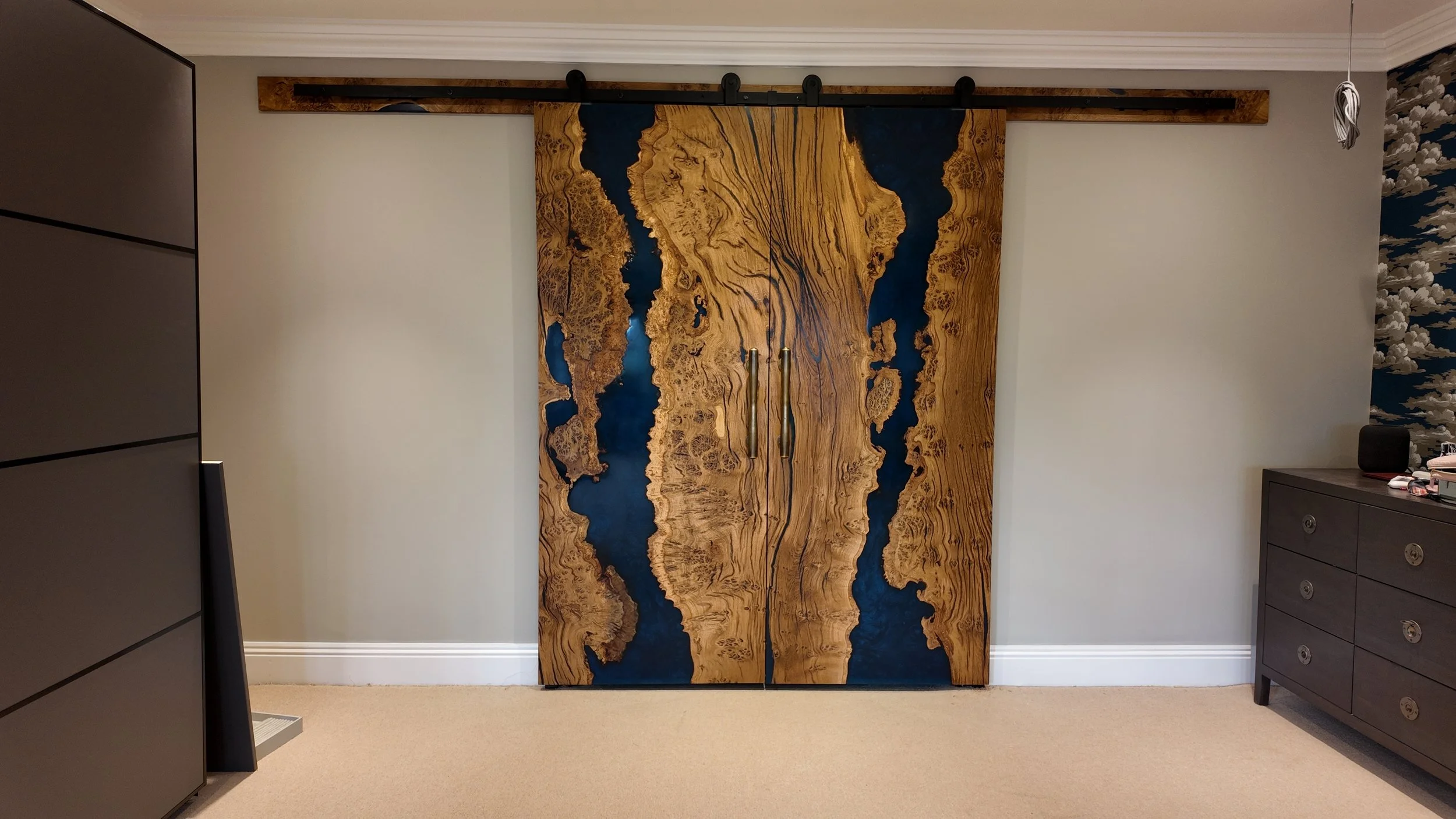 Pair of Barn Sliding Doors With Burr Oak And Navy Blue Resin