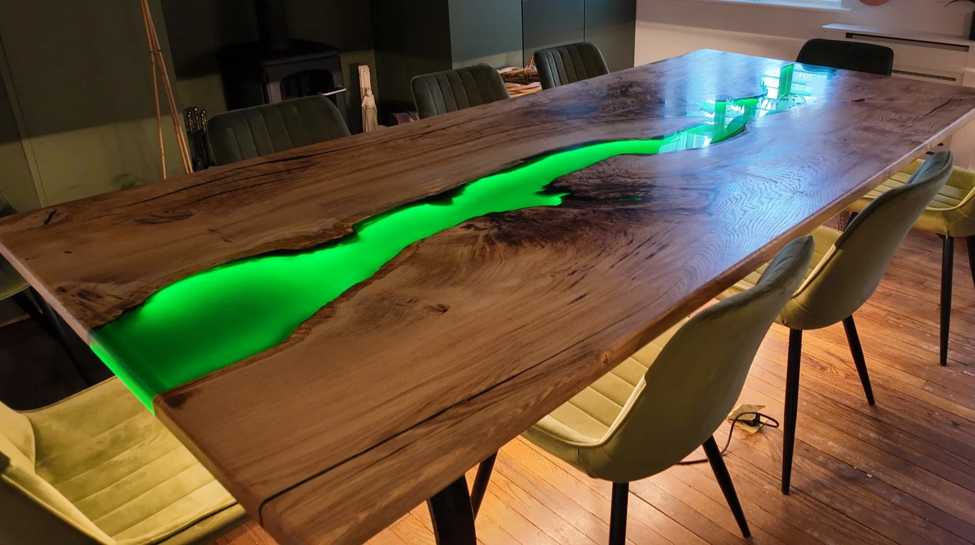 Large Oak and Illuminated Bottle Green Resin River Table