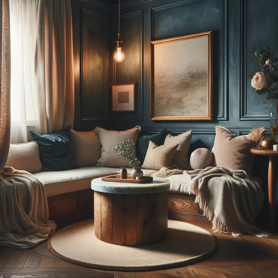 Curling up in our the corner while the storm rages on outside. 🌧️🛋️ 
There's nothing like the comfort of familiar spaces with a touch of new. A simple slab of marble on top your old, beloved coffee table easily transforms your snug into a chic have