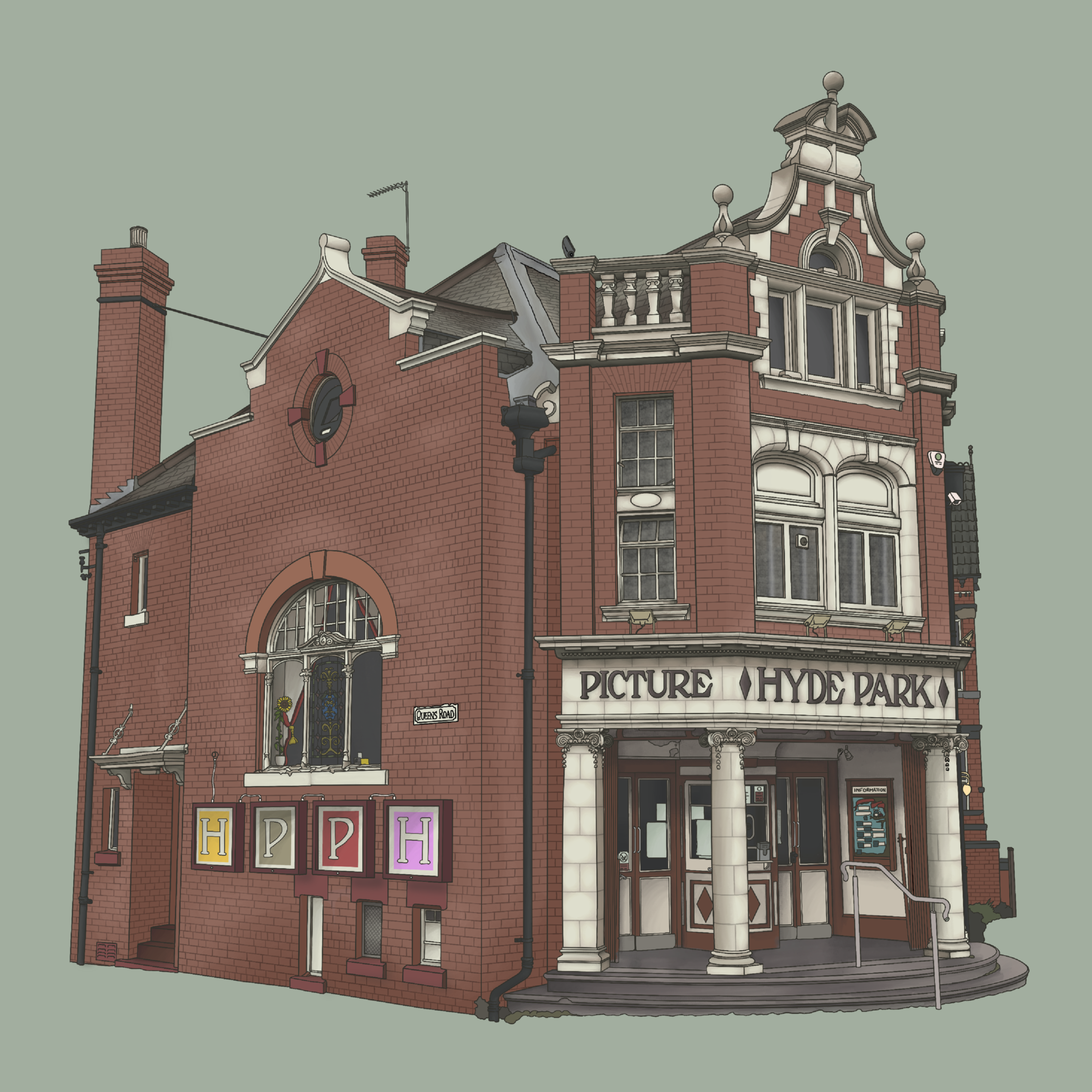 A digitally painted illustration of the Hyde Park Picture House in Leeds before its renovation.