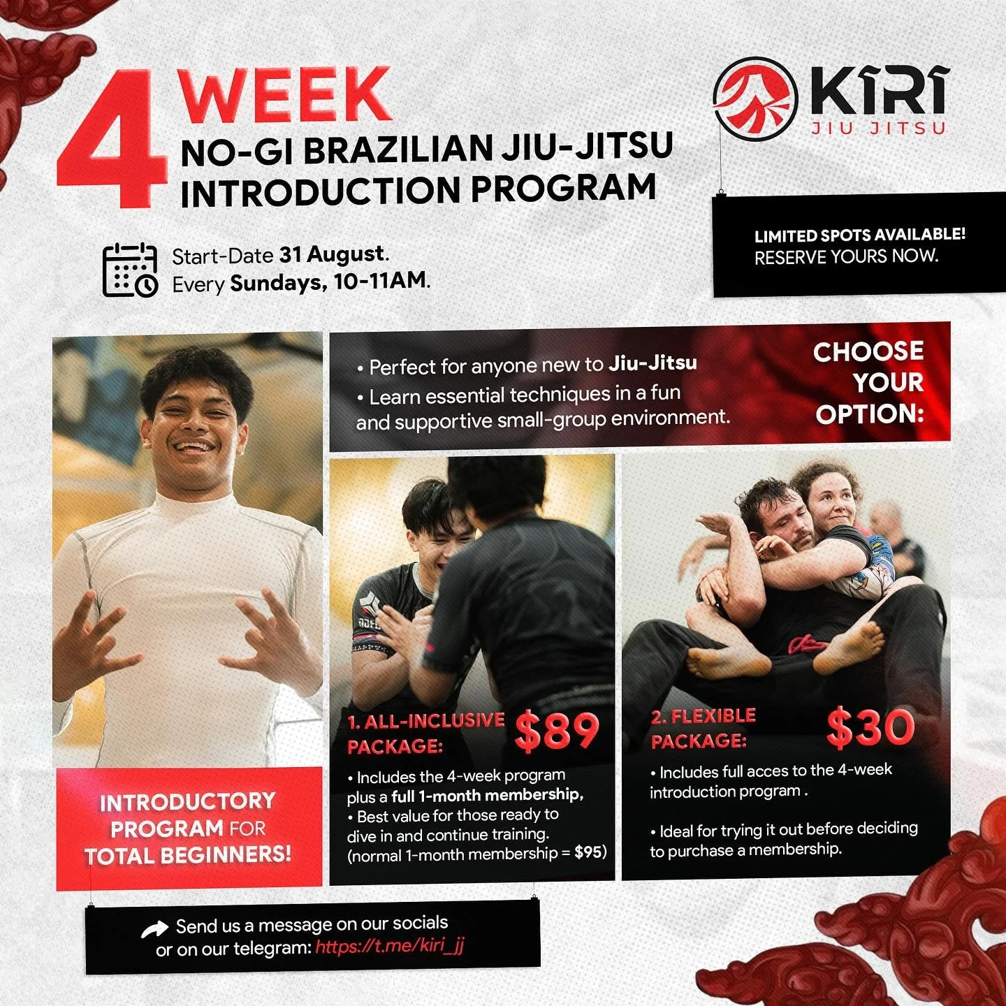 🤼&zwj;♀️ 𝗝𝗼𝗶𝗻 𝗢𝘂𝗿 𝟰-𝗪𝗲𝗲𝗸 𝗡𝗼-𝗚𝗶 𝗕𝗿𝗮𝘇𝗶𝗹𝗶𝗮𝗻 𝗝𝗶𝘂-𝗝𝗶𝘁𝘀𝘂 𝗜𝗻𝘁𝗿𝗼𝗱𝘂𝗰𝘁𝗶𝗼𝗻 𝗣𝗿𝗼𝗴𝗿𝗮𝗺
Learn the fundamentals of Jiu-Jitsu in a small group setting &mdash; no uniform required! Just wear regular sports clothes ✨
