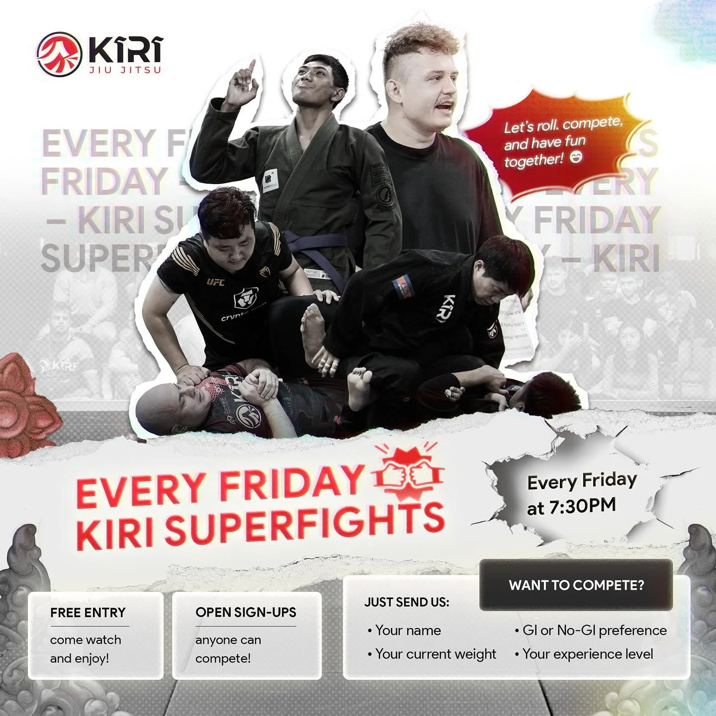 𝗞𝗜𝗥𝗜 𝗦𝘂𝗽𝗲𝗿 𝗙𝗶𝗴𝗵𝘁𝘀 &ndash; 𝗘𝘃𝗲𝗿𝘆 𝗙𝗿𝗶𝗱𝗮𝘆 🥋 
📍 Super Fights kick off 𝟳:𝟯𝟬 𝗣𝗠
🎟️ 𝗙𝗿𝗲𝗲 𝗲𝗻𝘁𝗿𝘆 &ndash; come watch and enjoy!

💥 𝗪𝗮𝗻𝘁 𝘁𝗼 𝗰𝗼𝗺𝗽𝗲𝘁𝗲? 

Easy! Send us a message in our Telegram group or DM u