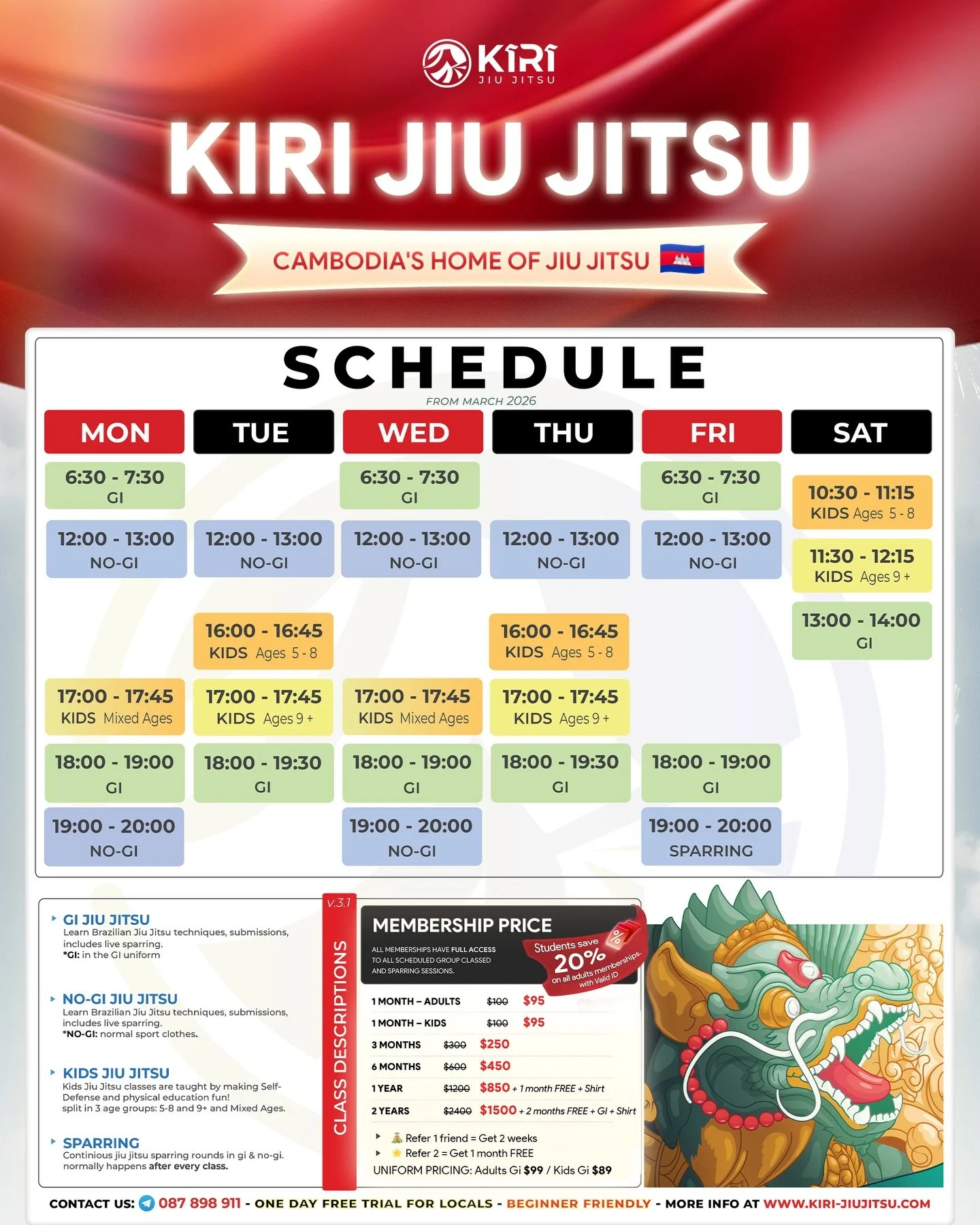 𝗞𝗜𝗥𝗜 𝗝𝗶𝘂 𝗝𝗶𝘁𝘀𝘂 🇰🇭 &mdash; 𝗢𝗳𝗳𝗶𝗰𝗶𝗮𝗹 𝗦𝗰𝗵𝗲𝗱𝘂𝗹𝗲

✅ 𝗙𝗥𝗘𝗘 trial for Phnom Penh residents!

🇰🇭 Cambodia&rsquo;s home of Jiu-Jitsu &mdash; for anyone who wants to grow, train in a safe environment, make friends, and challe