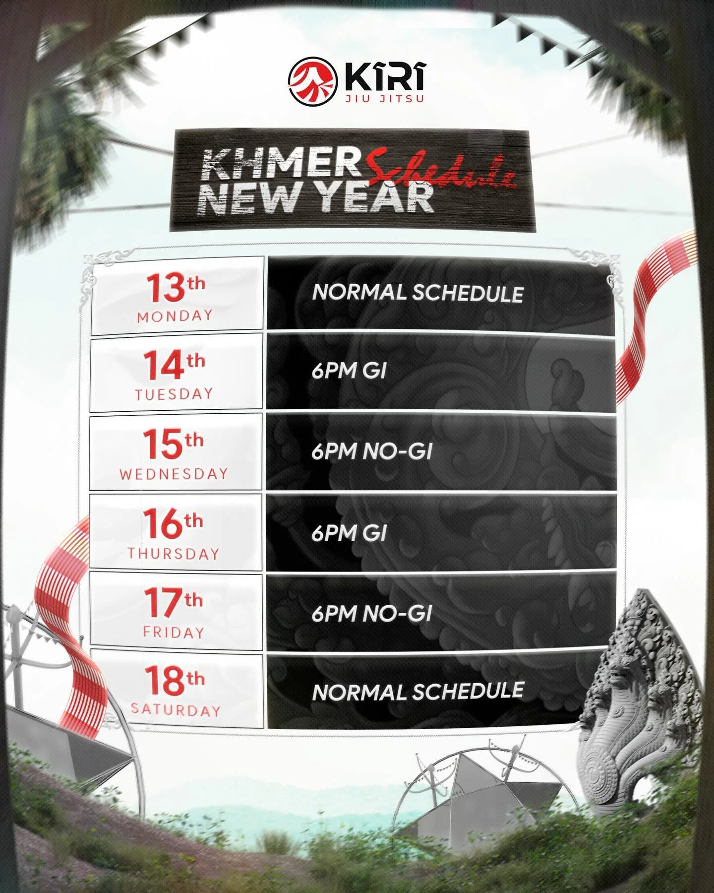 KHMER NEW YEAR SCHEDULE ☝️
We&rsquo;re still training every day through the holidays.

No kids classes during the week &mdash; but we&rsquo;re back this Saturday ✔️ 

We&rsquo;ll also run extra noon rolling sessions for athletes preparing for the Asi