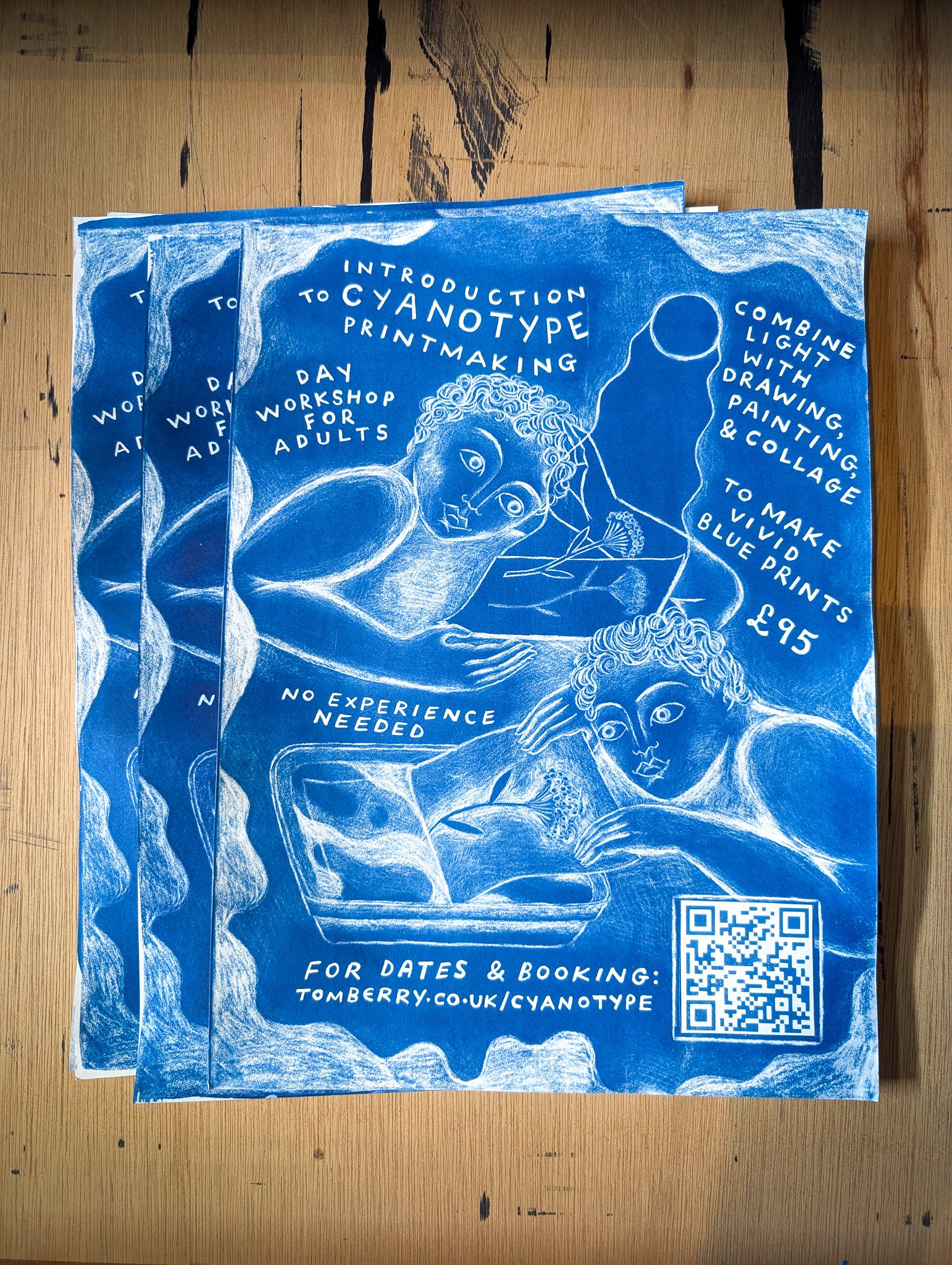 Flyer for a cyanotype printmaking workshop for adults. Includes workshop details, price, website, and QR code, with a blue and white artistic design featuring a stylized face and abstract shapes.
