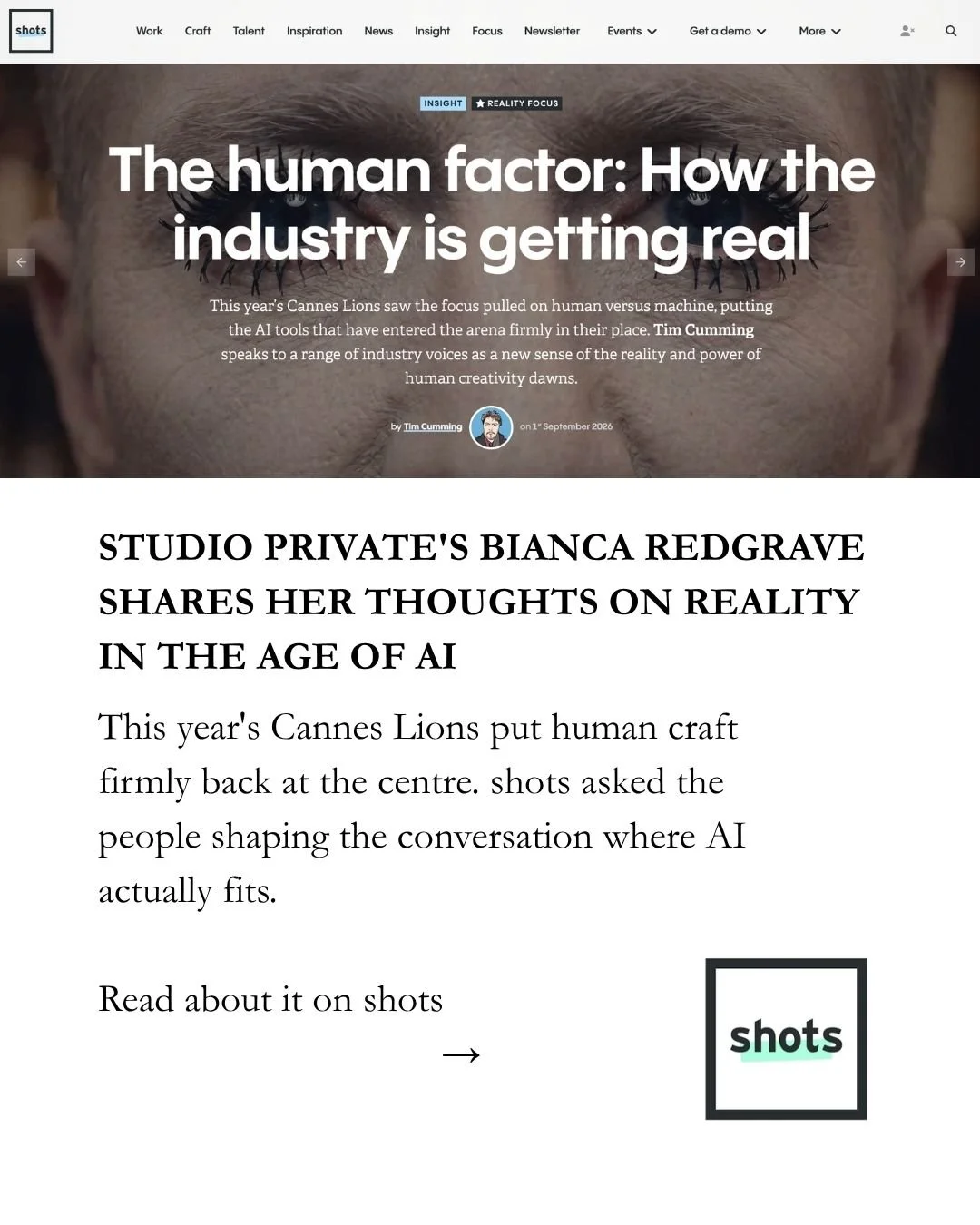 Human craft is back at the centre of the conversation. In @shots_creative' latest Insight feature, @studio_private MD Bianca Redgrave shares why the best work in fashion and luxury is hybrid: photography, CG and AI together, with humans in control. 
