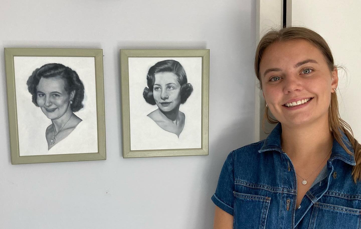 My daughter with two small portraits of her grandmothers painted from photos of them when they were about the same age as she is now.  Not sure if she looks like either of them🤔