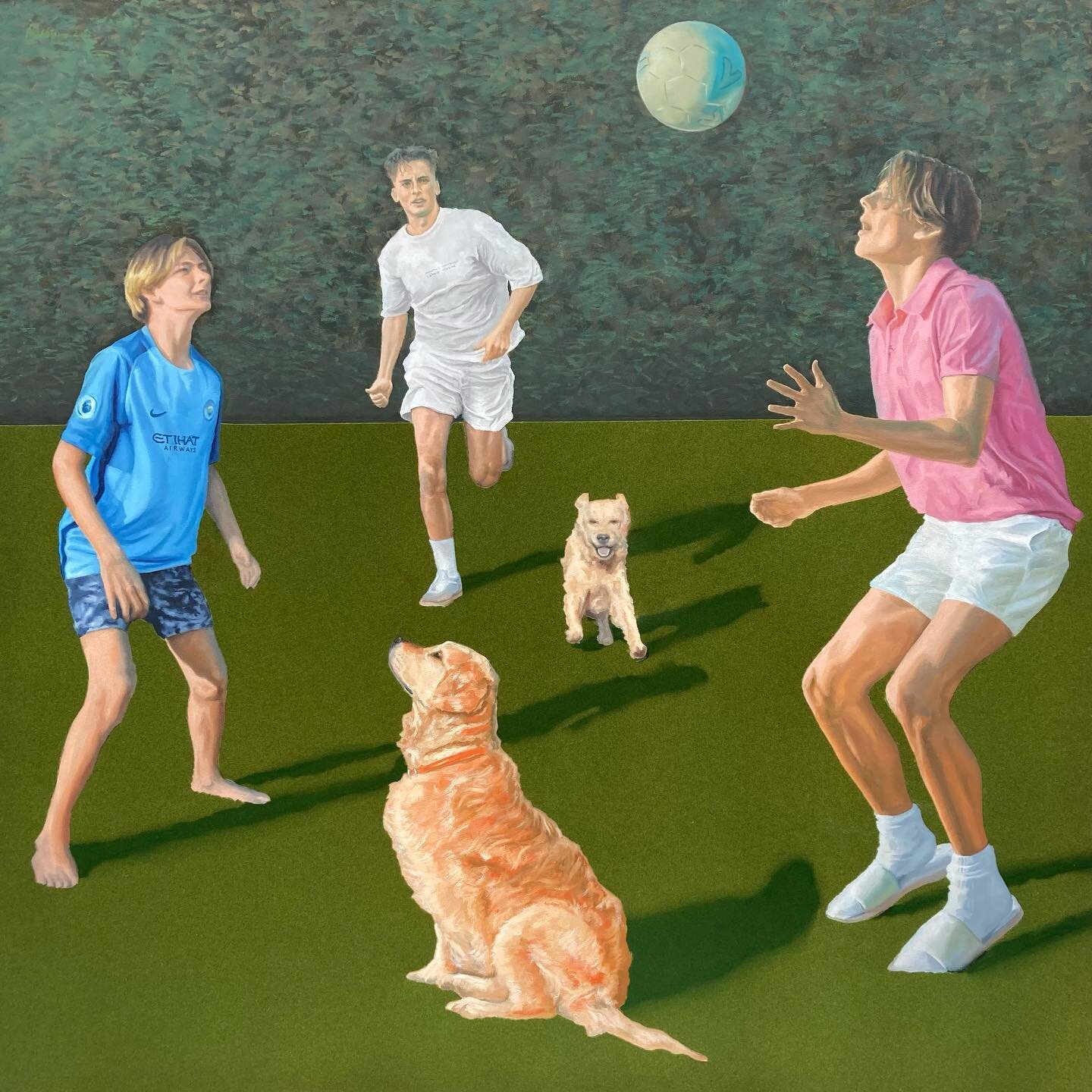 Recently completed commission of three brothers using flock as a nod to the artificial pitch the boys play on at home. 
Please DM me if you&rsquo;re interested in commissioning something similar&hellip;
Flock, acrylic &amp; oil paint on board
94x94cm