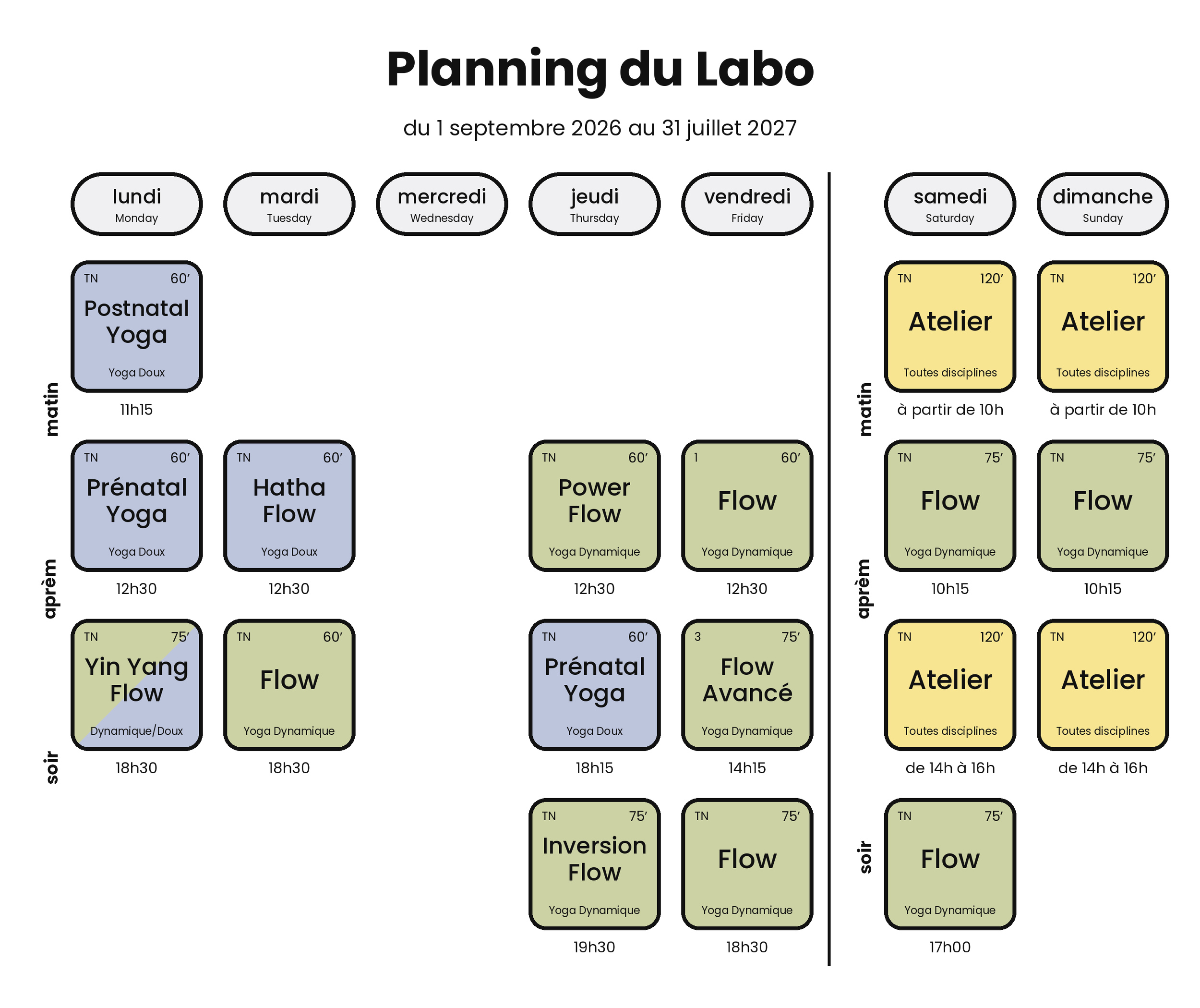 planning du studio de yoga Sattvic Element à Nantes