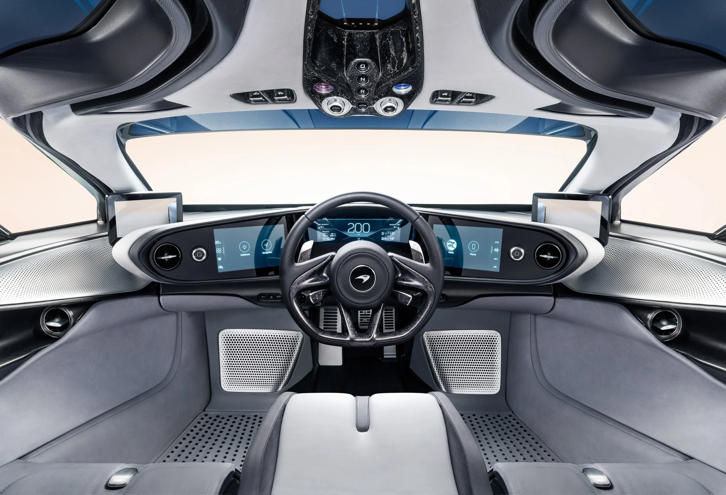 Futuristic car interior with digital dashboard and steering wheel