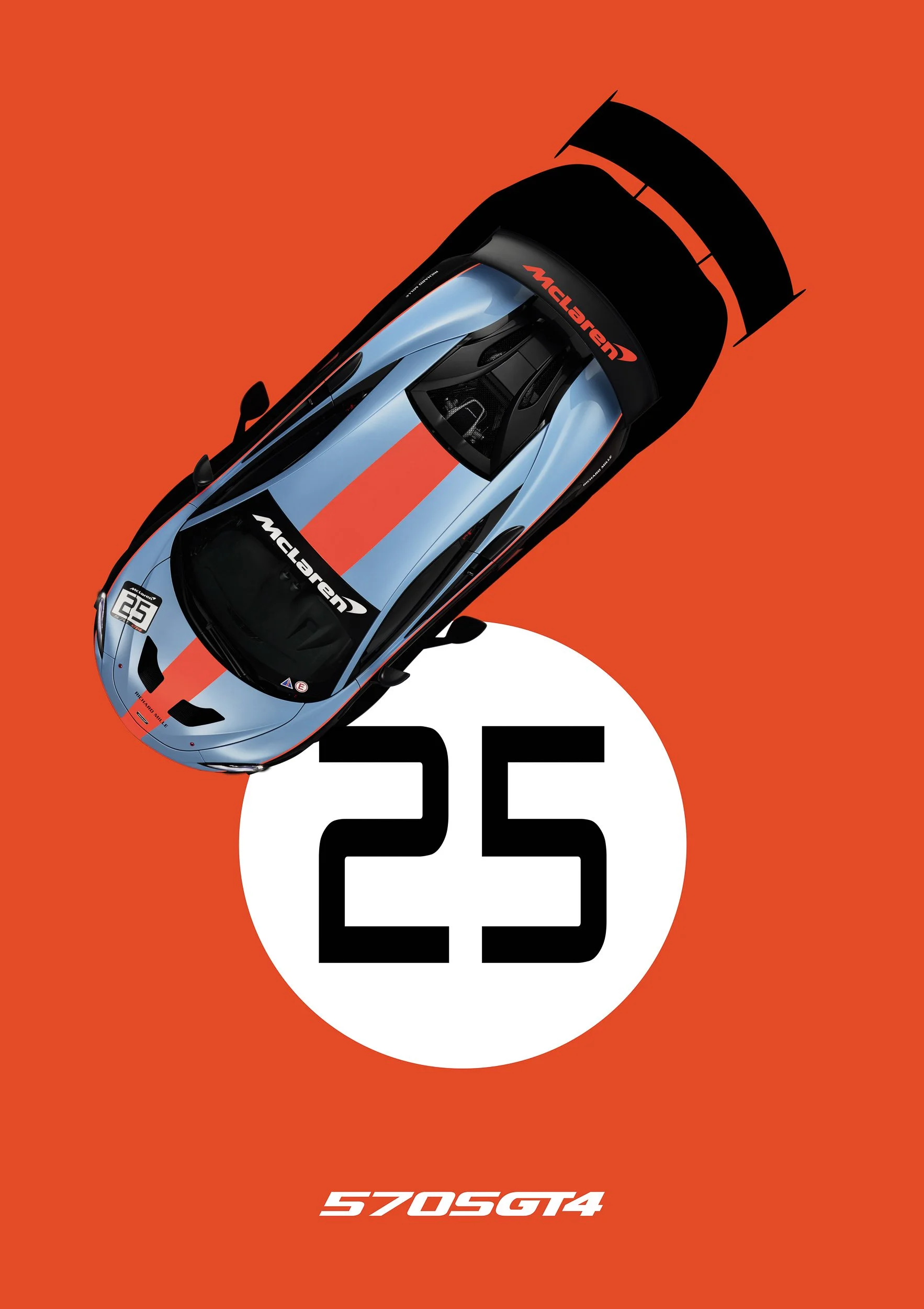 Top view of a McLaren 570S GT4 race car on an orange background with the number 25 in a white circle.