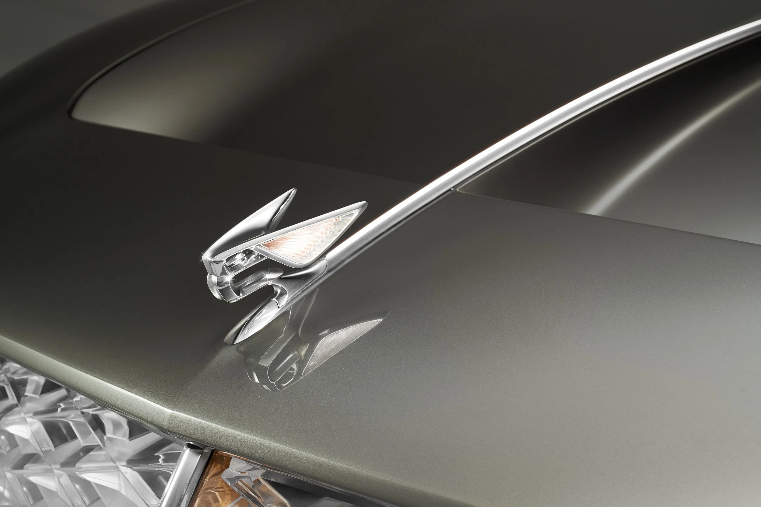 Close-up of a silver car's hood ornament and grille detail on a reflective green surface.