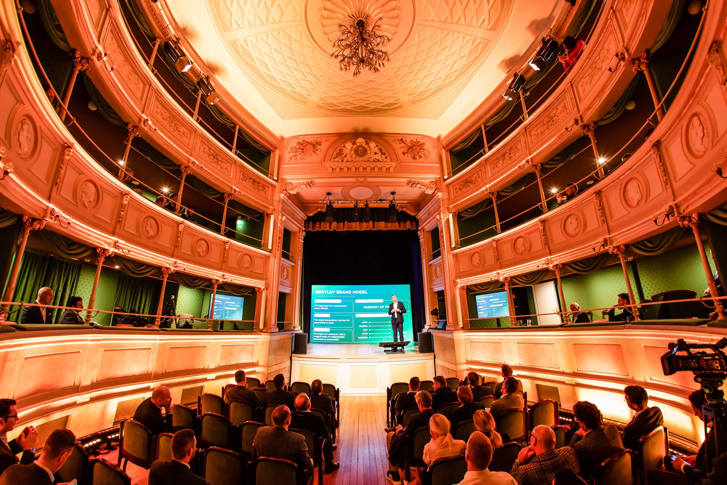 Audience attending a presentation in an elegant theater with ornate balconies and a large screen displaying business information on stage.
