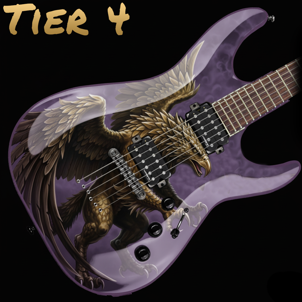 Electric guitar with a graphic design of a fierce eagle with outstretched wings on the body, set against a purple background. The words "TIER 4" are written in gold at the top left corner.
