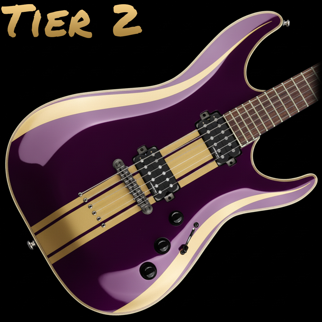 A purple and gold electric guitar with a sleek, modern design and multiple control knobs, labeled as 'Tier 2' in gold text on a black background.
