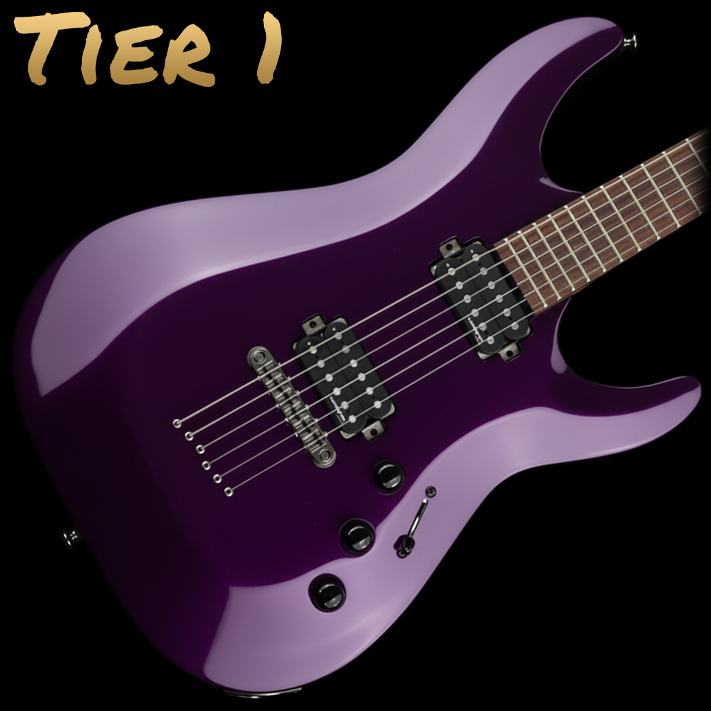 Purple electric guitar with black pickups and controls on a black background, labeled 'Tier 1' in gold text.