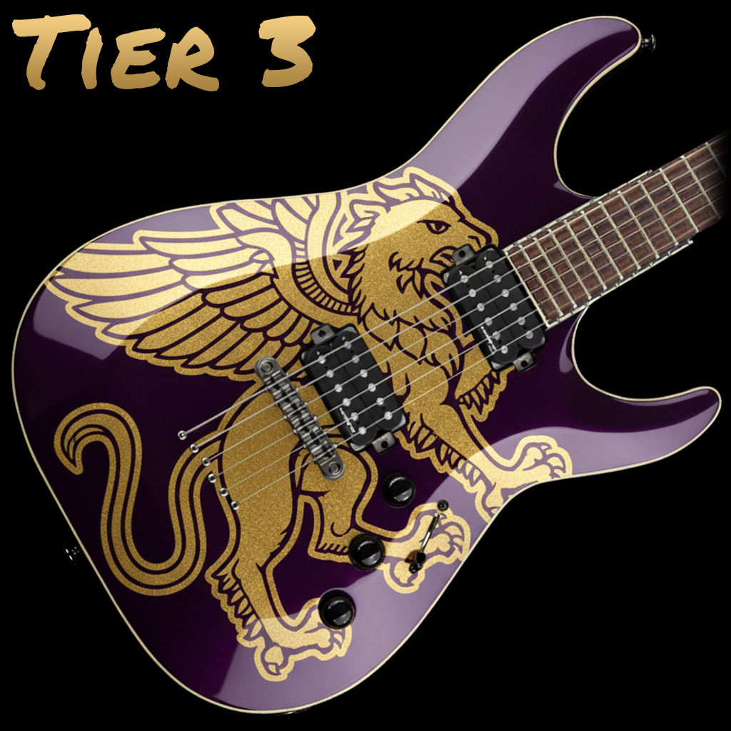 Electric guitar with a purple finish and a gold lion with wings graphic, labeled "Tier 3" in the top left corner.
