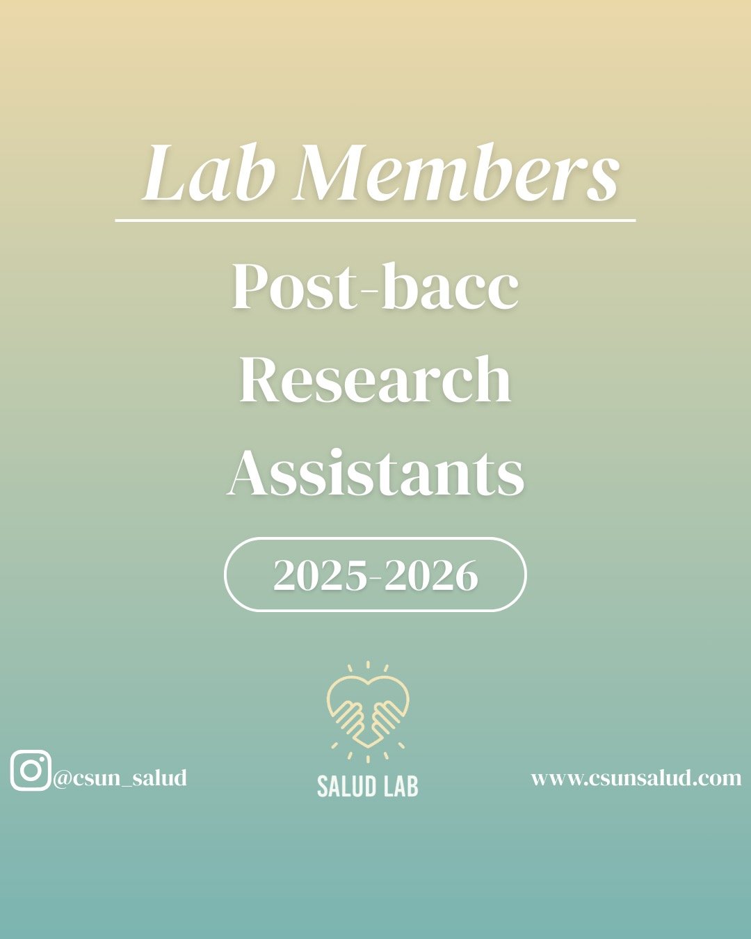 🤗 Meet our wonderful and dedicated Post-baccalaureate RA&rsquo;s. Check out their research interests and more! 🙌🧪🌟

#SALUDLab #Research #CSUN