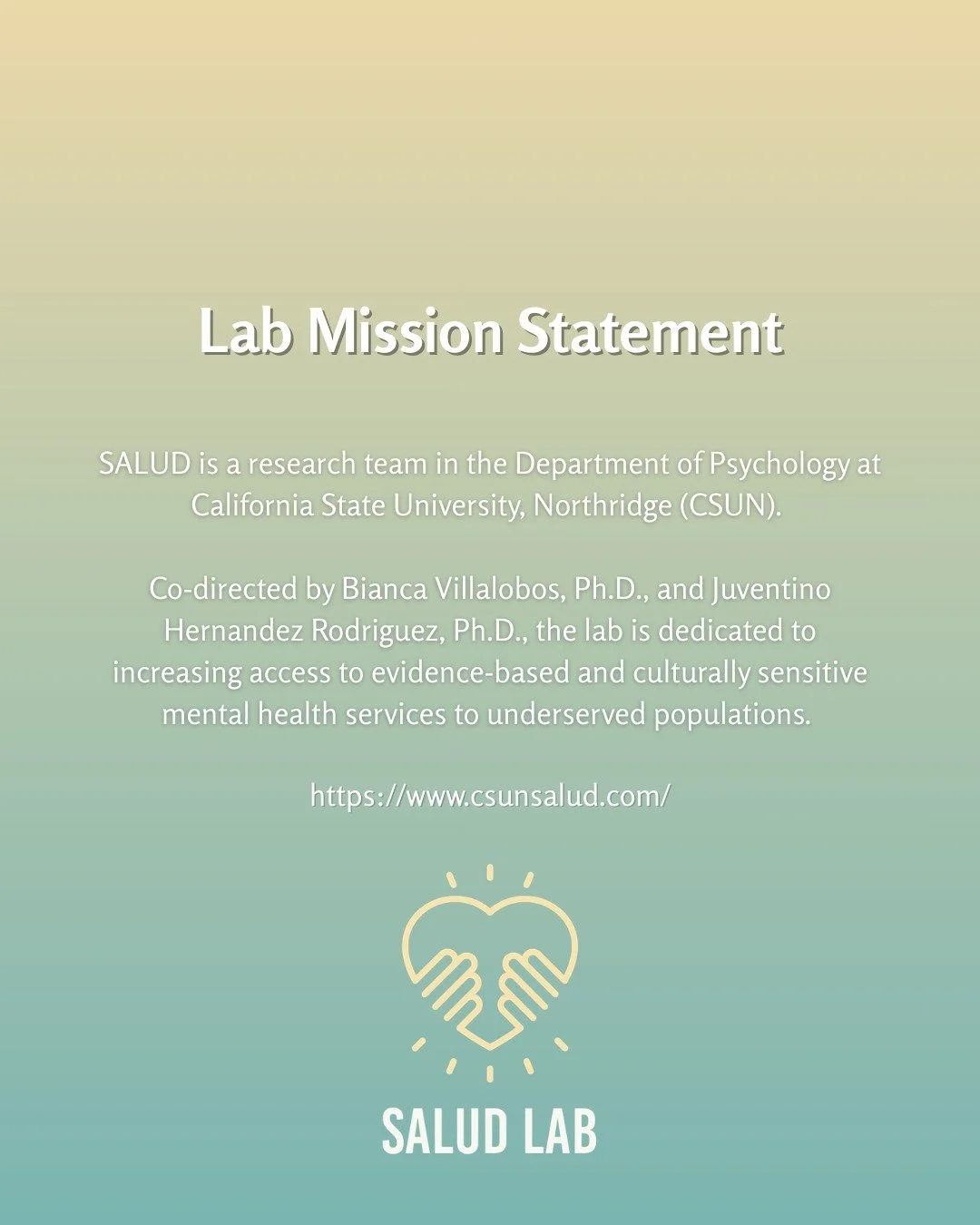 Introducing SALUD Lab 🤍

We are a research team in the Department of Psychology at CSUN dedicated to increasing access to evidence-based, culturally responsive mental health care for underserved communities.

Follow along as we share our research, p
