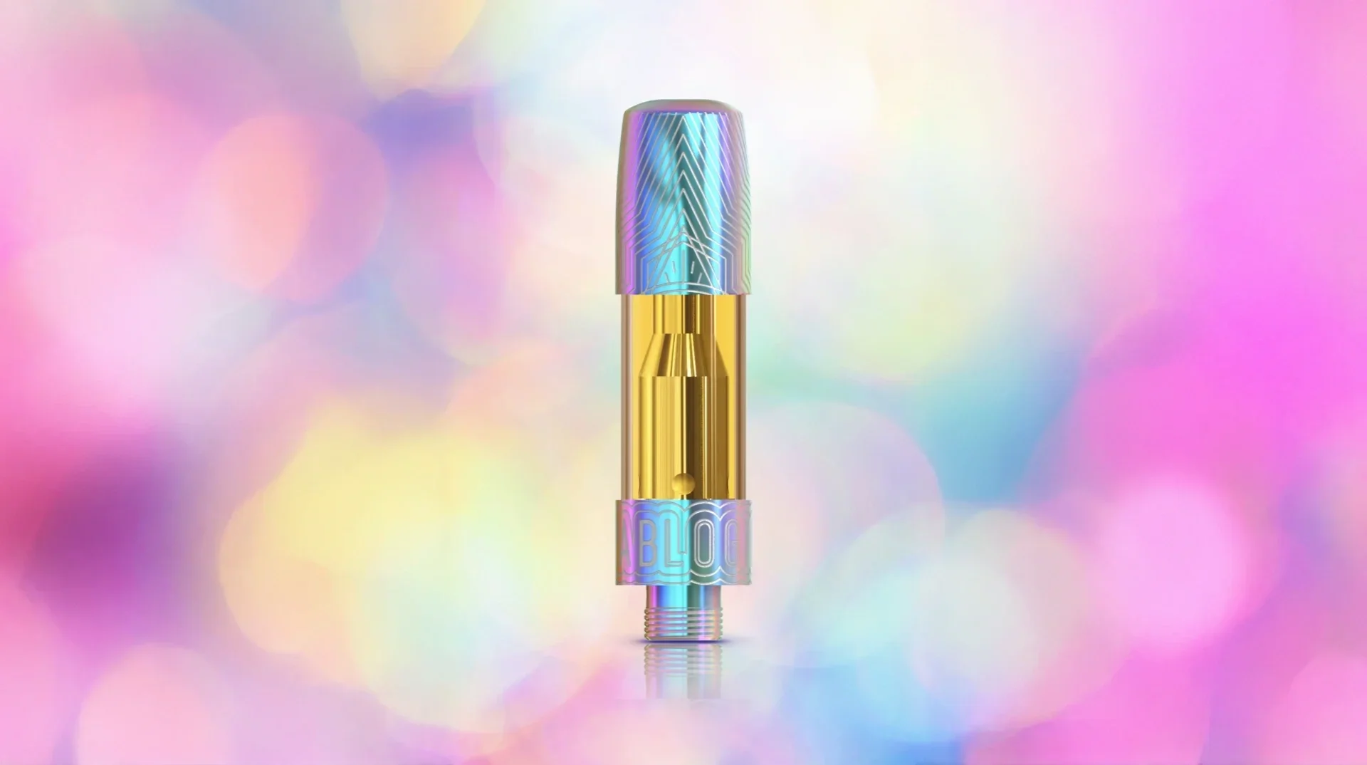 This Dab Logic cartridge utilizes laser-etched rainbow plating on a metal mouthpiece and band. This precision-detailed "tribal" pattern provides a premium aesthetic, transforming standard hardware into a high-end brand signature.