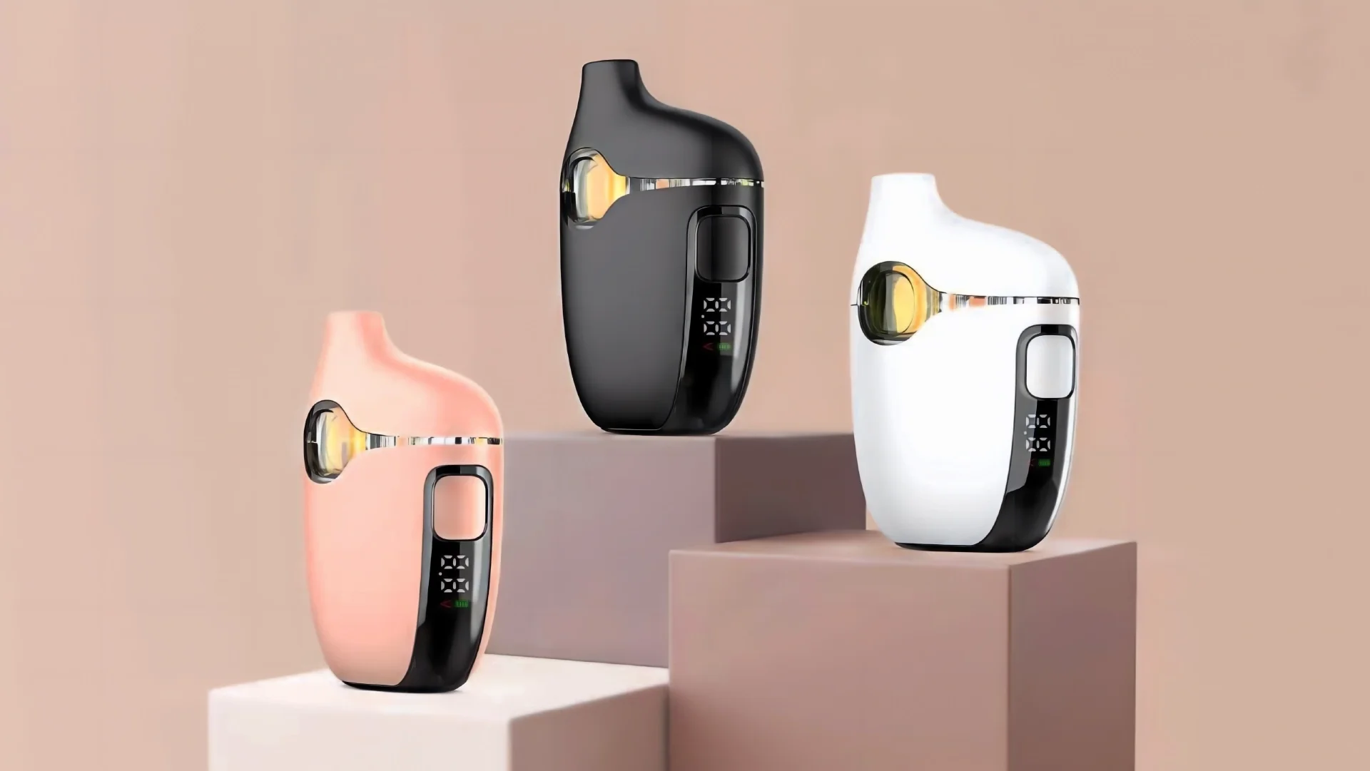 A white-label friendly palm all-in-one reimagined, featuring a unique asymmetrical comet reservoir and an ergonomic, angled UI for a premium user experience.