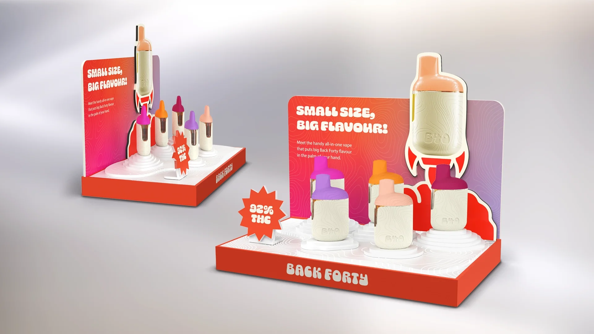 This vibrant countertop display uses a retro-futuristic "rocket launch" motif to hero the compact form factor of Back Forty’s vapes. By pairing bold gradients with tiered, cloud-like risers, the design creates a high-energy focal point that communica