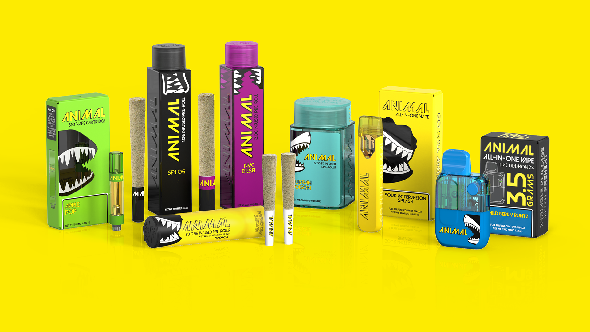 The Animal Ecosystem unifies 510 cartridges, high-capacity AIOs, and CR-compliant packaging through a cohesive CMF strategy. Bold typography and high-contrast finishes transform diverse hardware into a disruptive, high-energy brand statement.