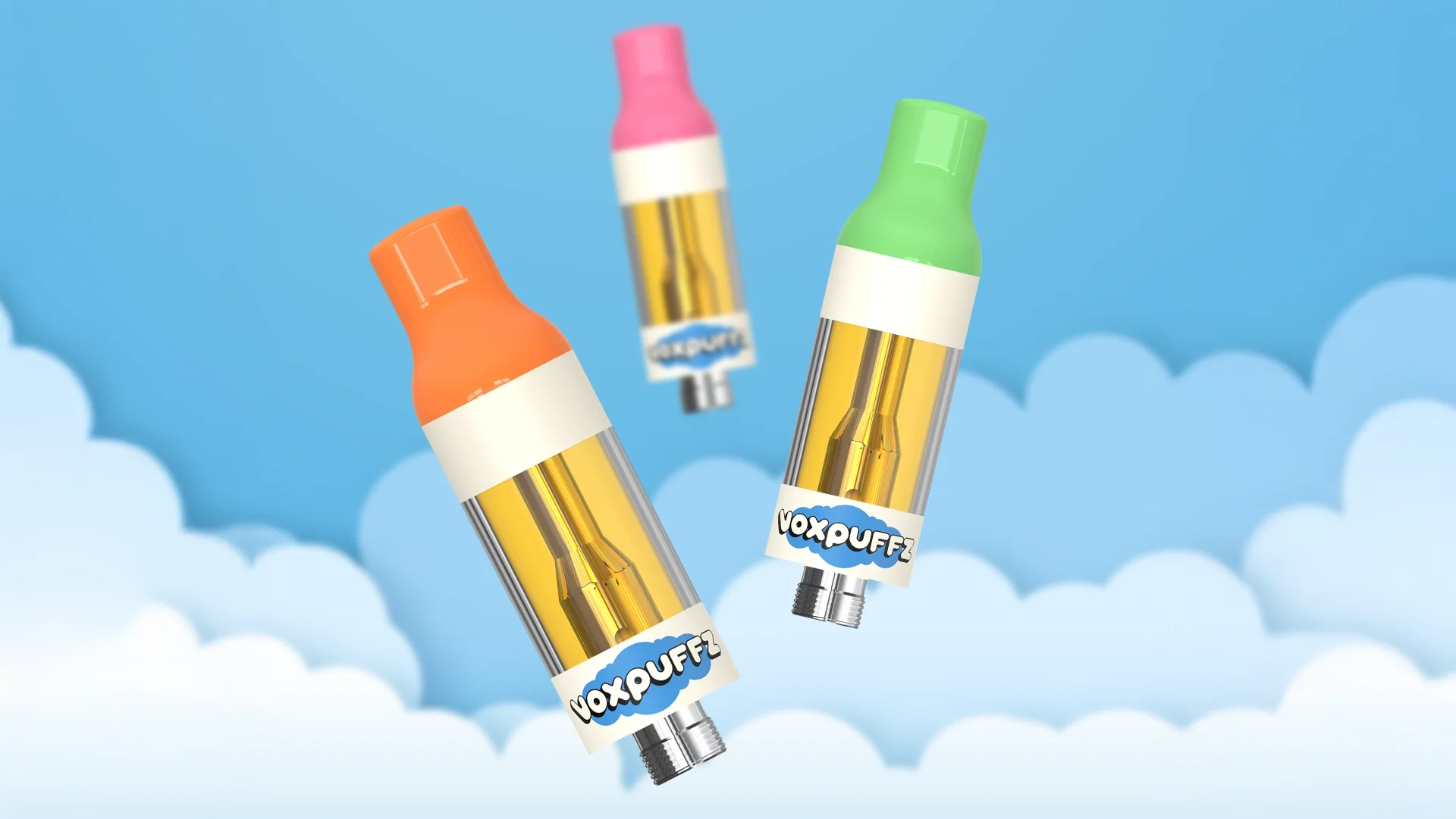 This 14mm 510 cartridge features a custom mouthpiece morphing from a circular base to a tapered racetrack profile. The design aligns with the VOX Palm AIO, utilizing bold color-blocking to maintain a cohesive, playful aesthetic across the product sys