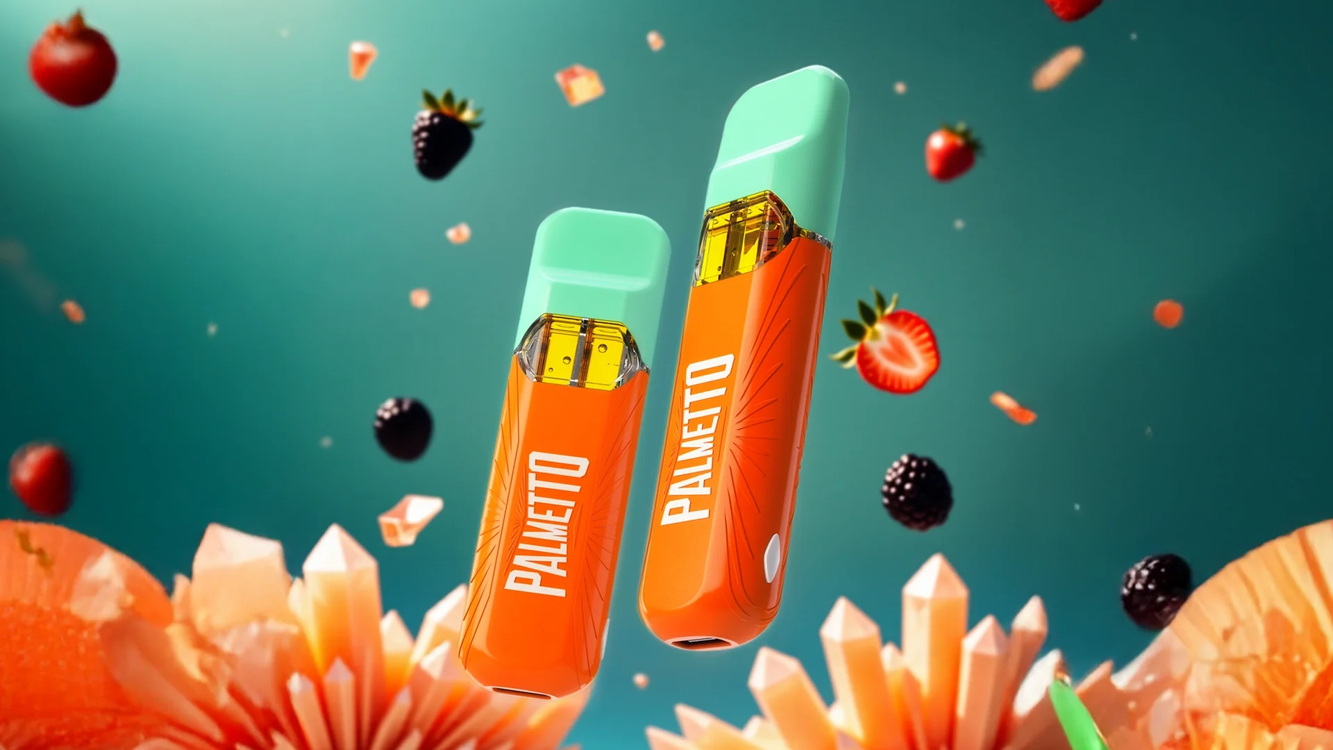 The Palmetto Dual Chamber All-in-One features a compact MCM-styled design with two 0.5g chambers and a button with universal infographics for reservoir toggling or mixing.