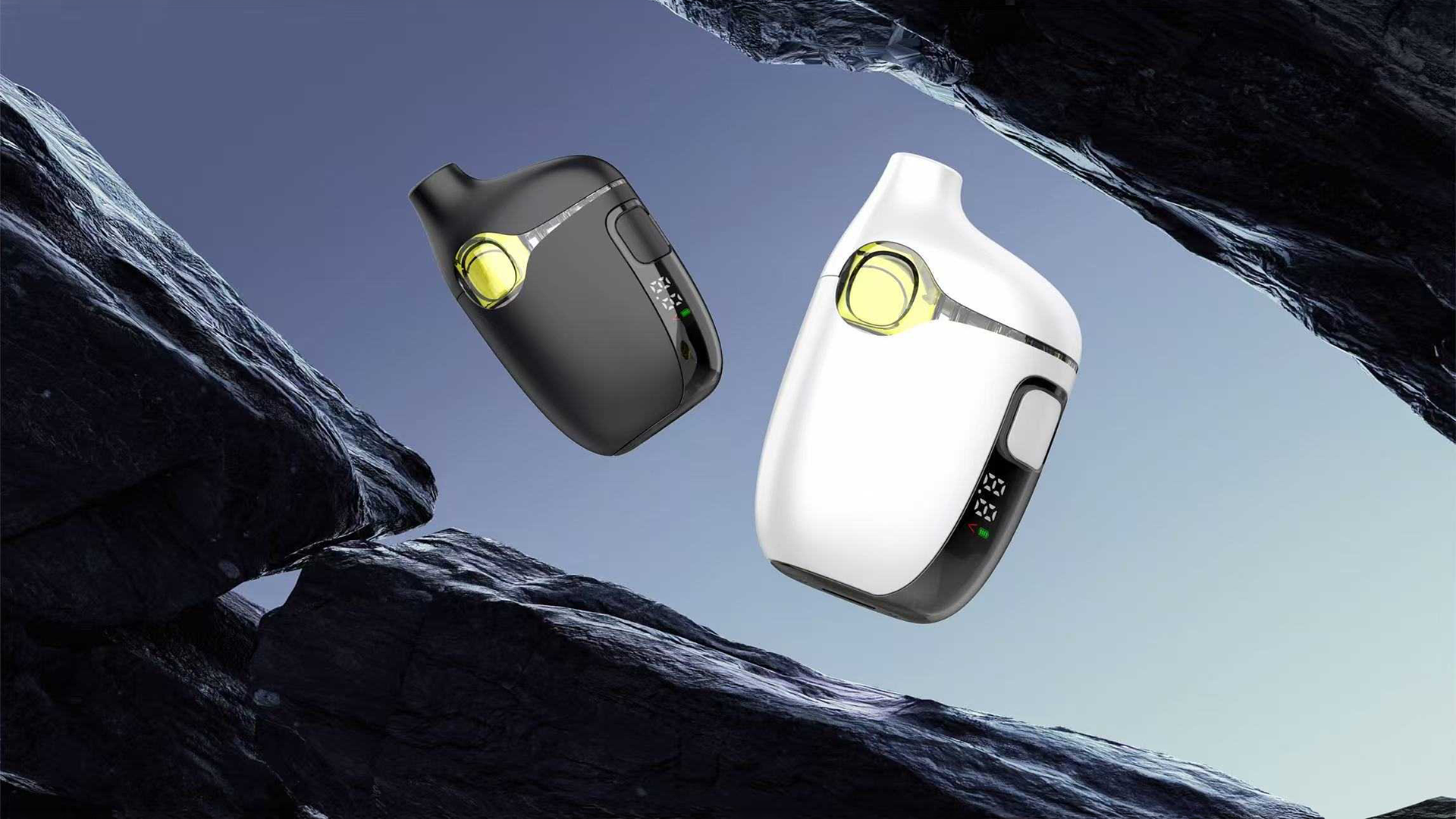 A white-label friendly palm all-in-one reimagined, featuring a unique asymmetrical comet reservoir and an ergonomic, angled UI for a premium user experience.