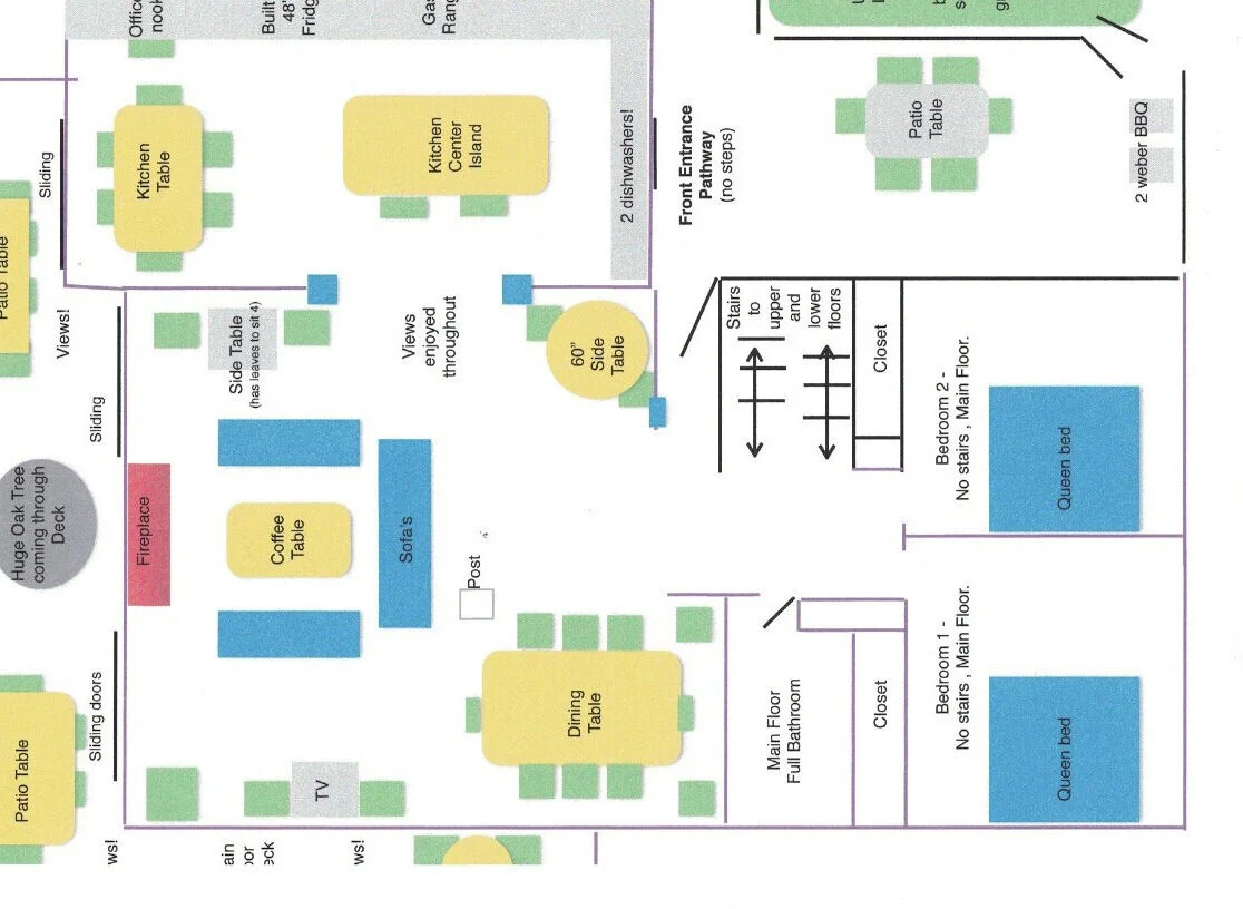 Main level (upper image): All Main areas plus 2 bedrooms. Pano Views!