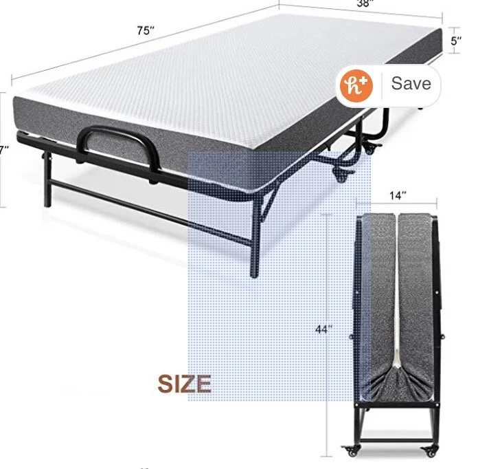 Fold-a-beds have extra sturdy (no springs or tarp!) frames with extra thick mattress and wheels for portability.- $55 for extra thick, comes fresh and dressed.- $40 for spring fold-beds, great for kids.