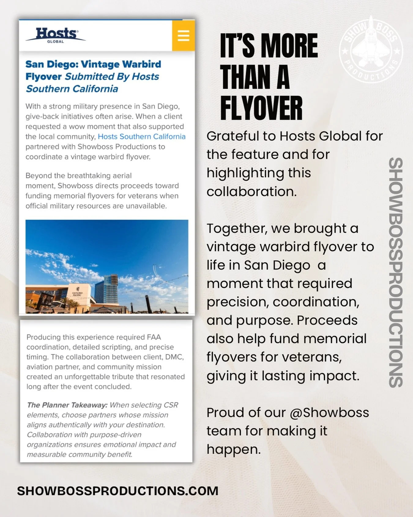 Thank you to  @HostsGlobal  Southern California for the feature and for highlighting this collaboration.

Our experiences  are designed to go beyond a &ldquo;wow&rdquo; moment. We bring vintage warbird flyovers to life requiring FAA coordination, det