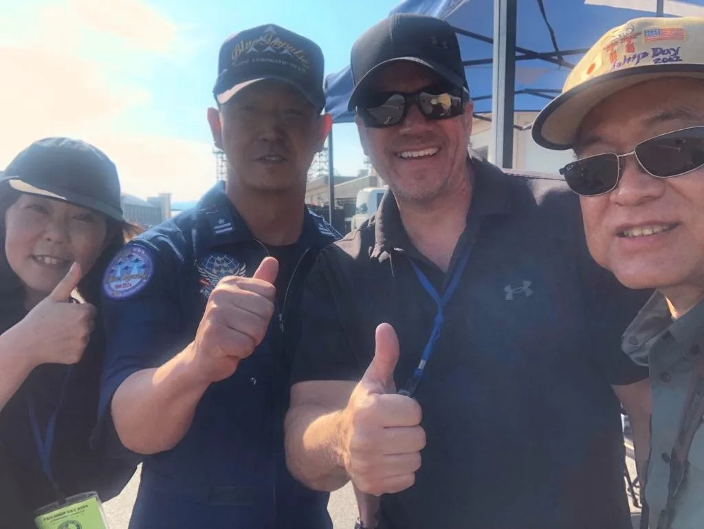 Christopher 'Oz' Van Stelle with Lead Pilot for the Japanese Military Jet Team Blue Impulse in Iwakuni, Japan