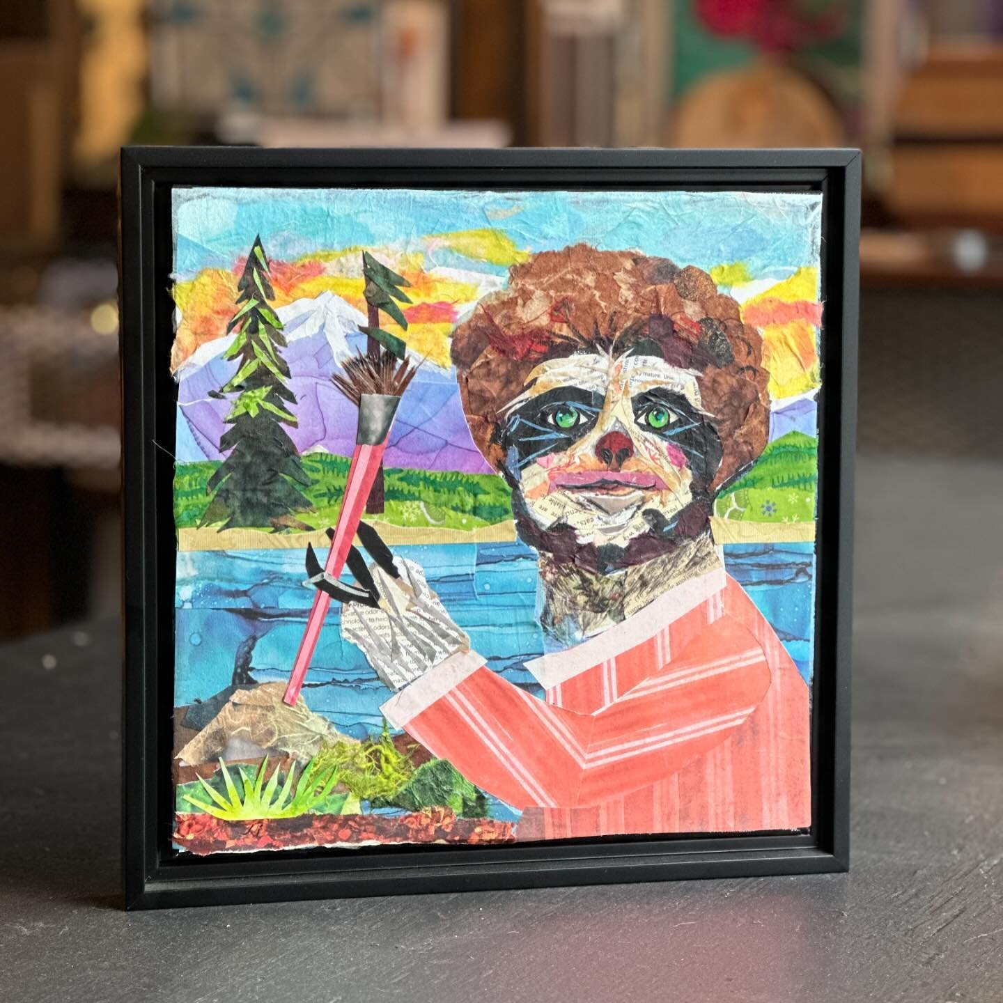 Left the gallery door open a little later than usual and then the original Bob Sloth collage by Li Newton found a couple to take him up to Maine where he&rsquo;ll be surrounded by lots of happy little trees! 🌲🦥 🎨 

Li still has prints of Bob Sloth