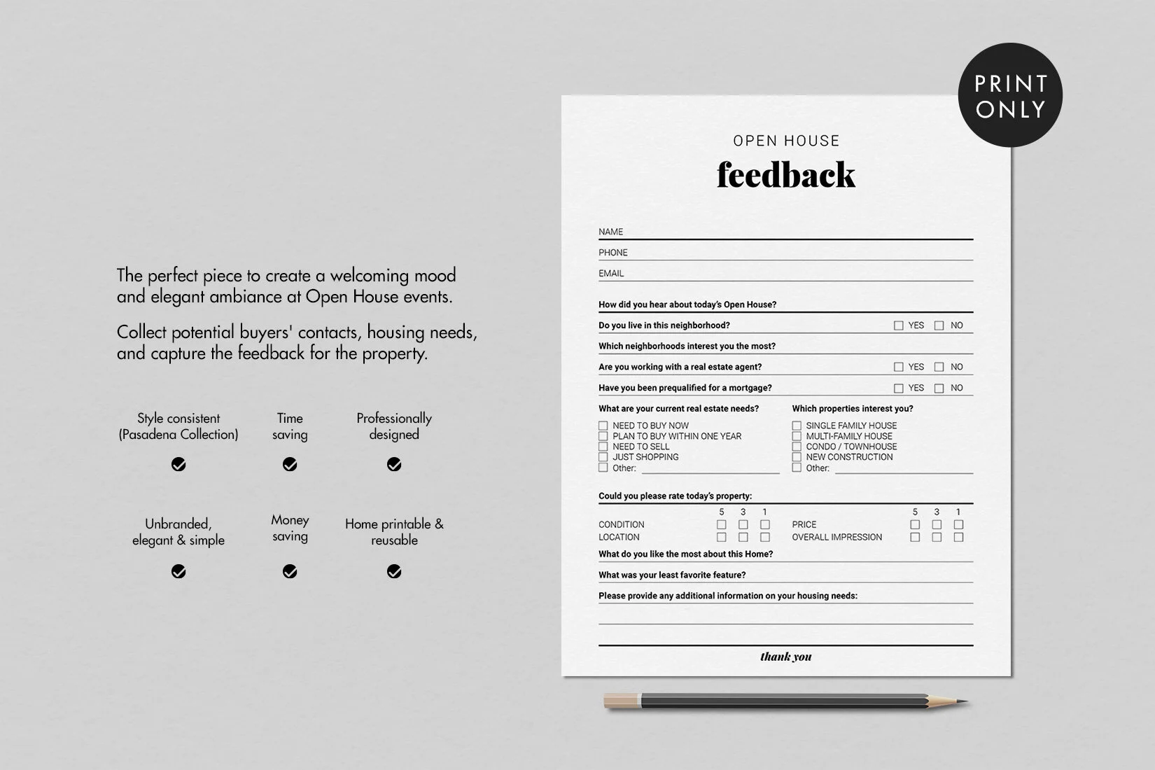 Real Estate Open House Feedback Form, Buyer Questionnaire, Feedback Form Printable Pdf — Realty ...