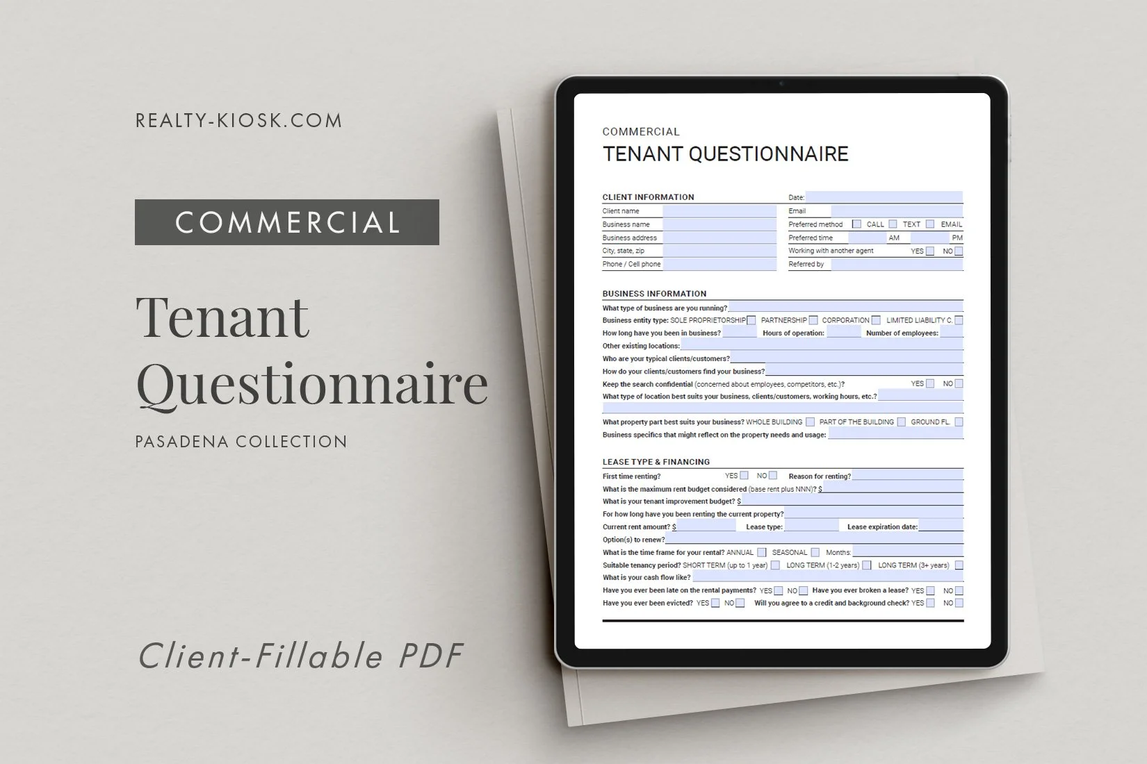 Commercial Real Estate Tenant Questionnaire, Commercial Tenant Intake