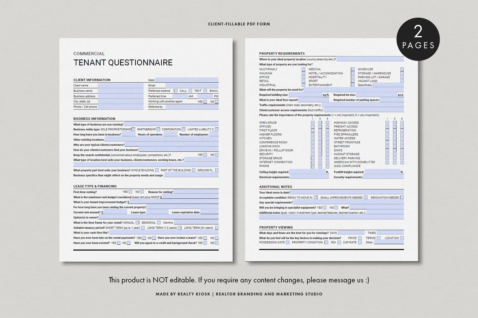 Commercial Real Estate Tenant Questionnaire, Commercial Tenant Intake