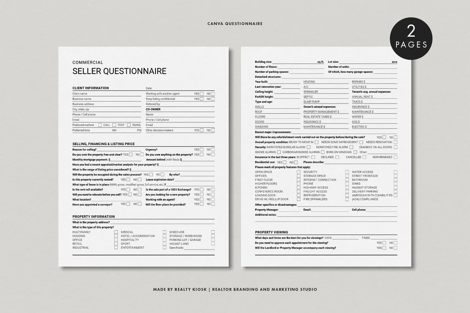 Commercial Real Estate Seller Questionnaire, Canva Template, Seller